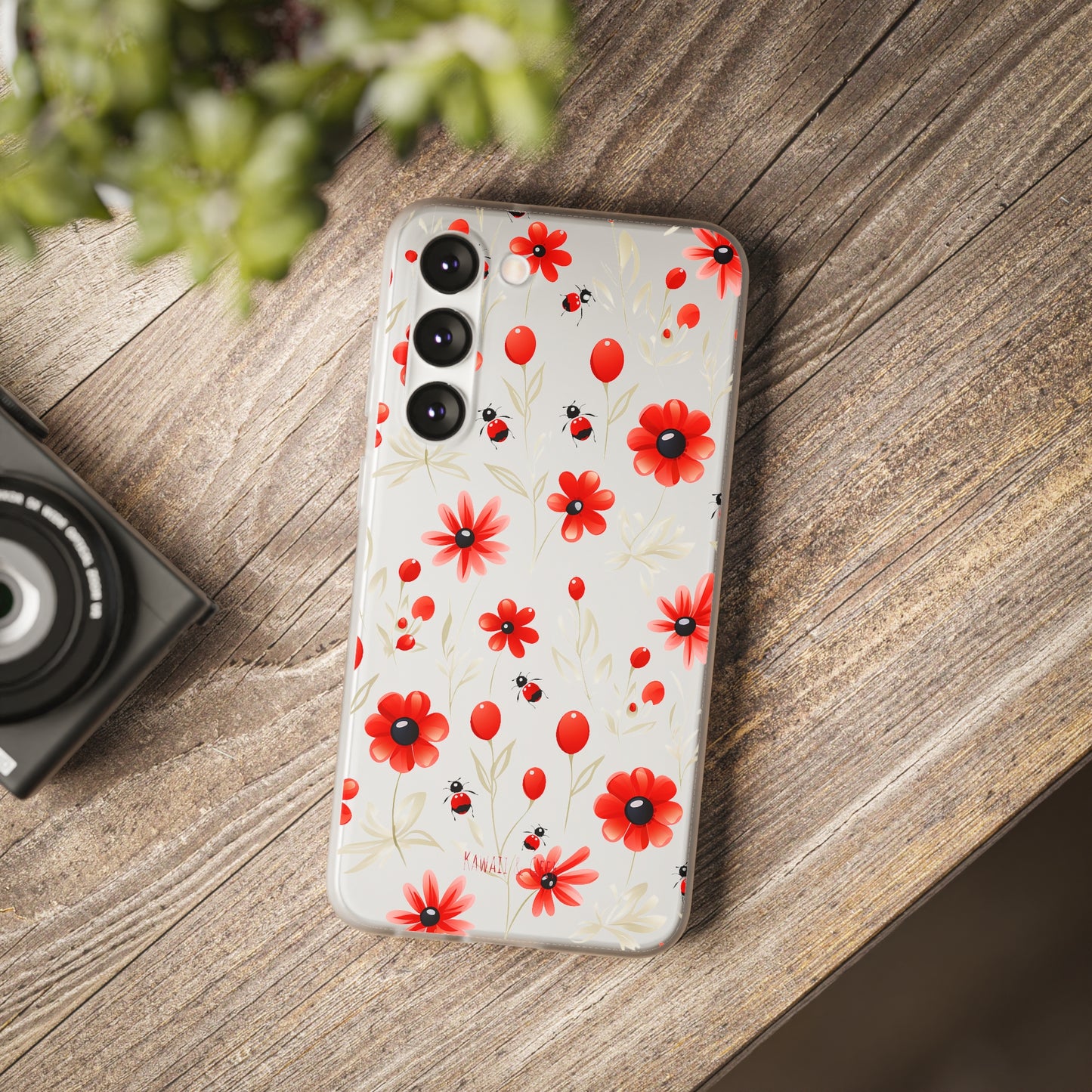 Red Flowers & Cute Bugs: Transparent Flexi Phone Case