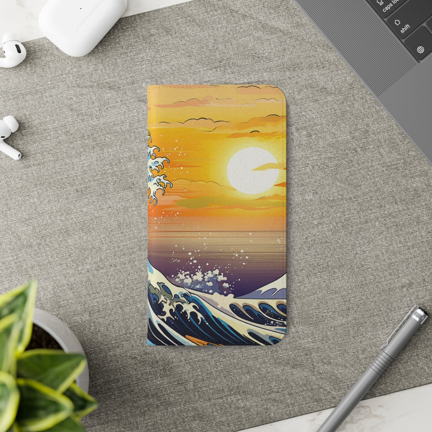 Sunset Big Wave Flip Phone Case - Embrace the Majestic Hokusai Style in Your Hands