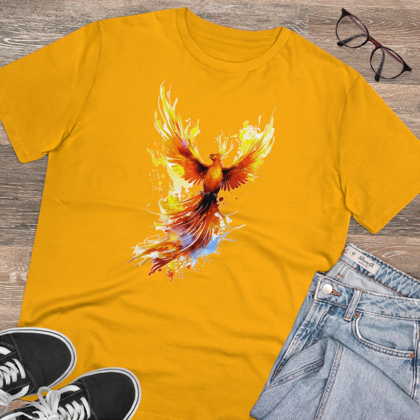 Burning Phoenix Watercolor T-Shirt - Unisex and Eco-Friendly Fashion with a Fiery Twist