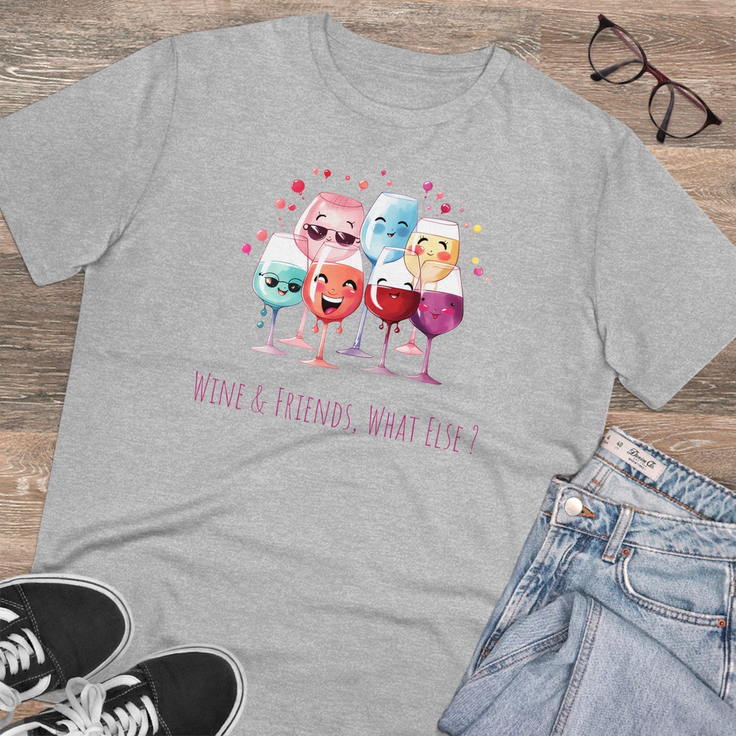 Eco-Friendly 'Wine & Friends' T-Shirt - Kawaii Wine Glasses, Unisex