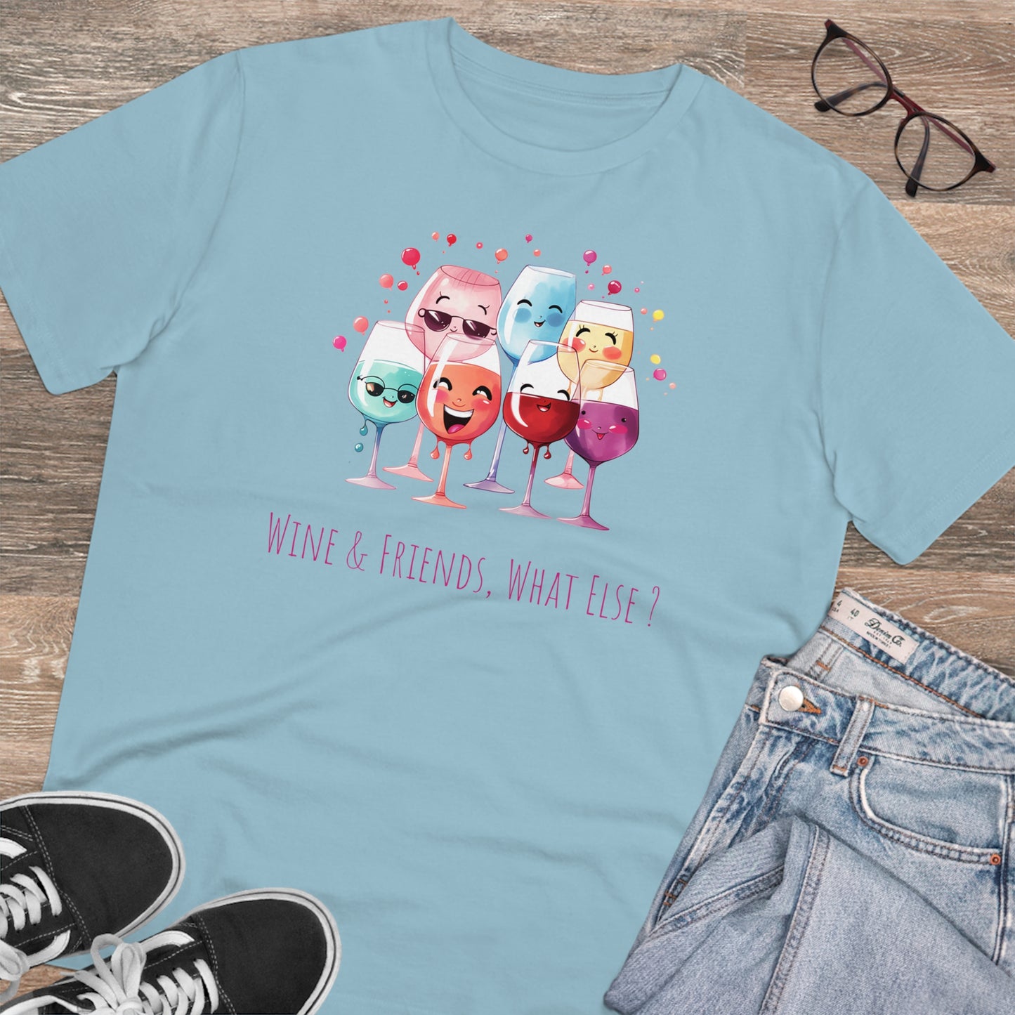 Eco-Friendly 'Wine & Friends' T-Shirt - Kawaii Wine Glasses, Unisex