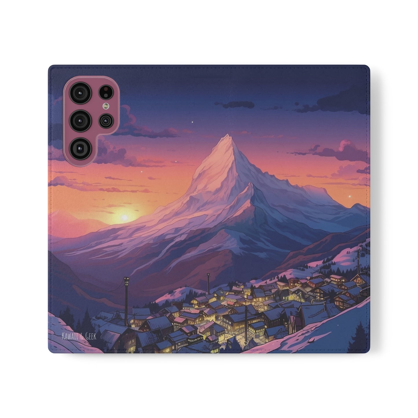 Snowy Mountain Landscape Sunset Flip Phone Case - Discover Serenity with a Charming Mountain Village