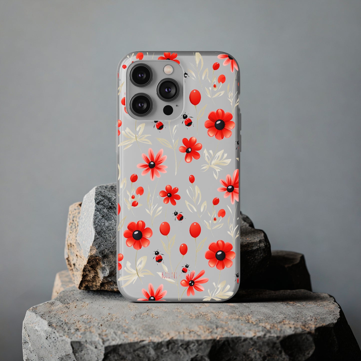 Red Flowers & Cute Bugs: Transparent Flexi Phone Case