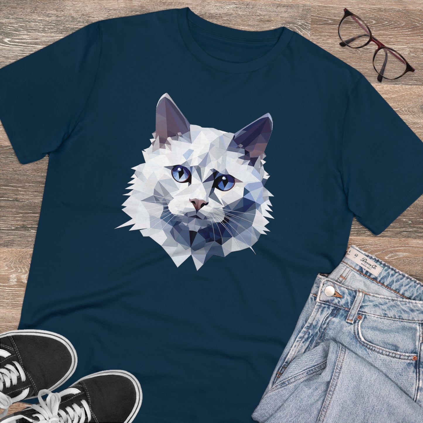 White Angora Cat Polygonal T-Shirt - Embrace Feline Elegance