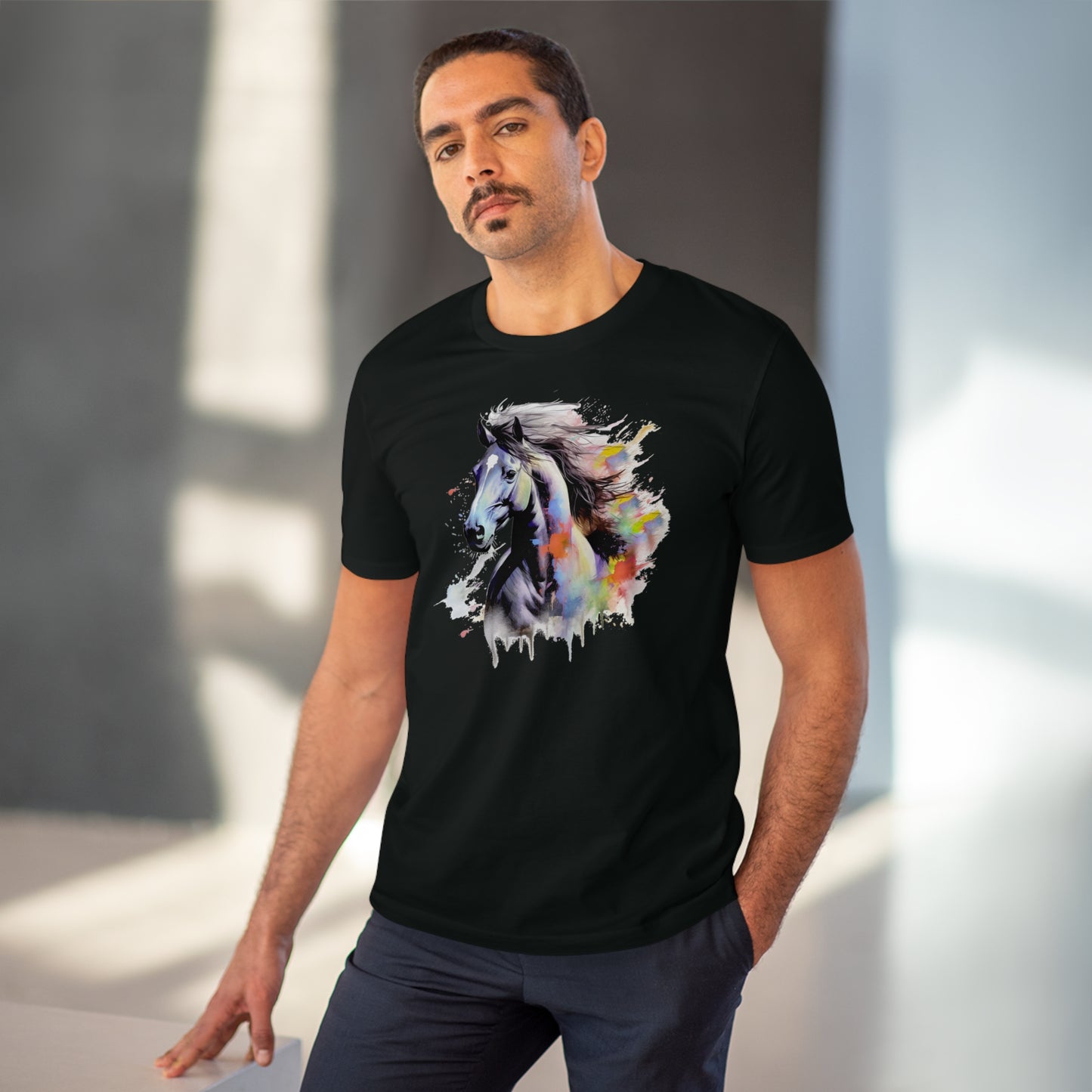 Black Horse Watercolor T-Shirt - Unisex and Eco-Friendly Fashion Statement