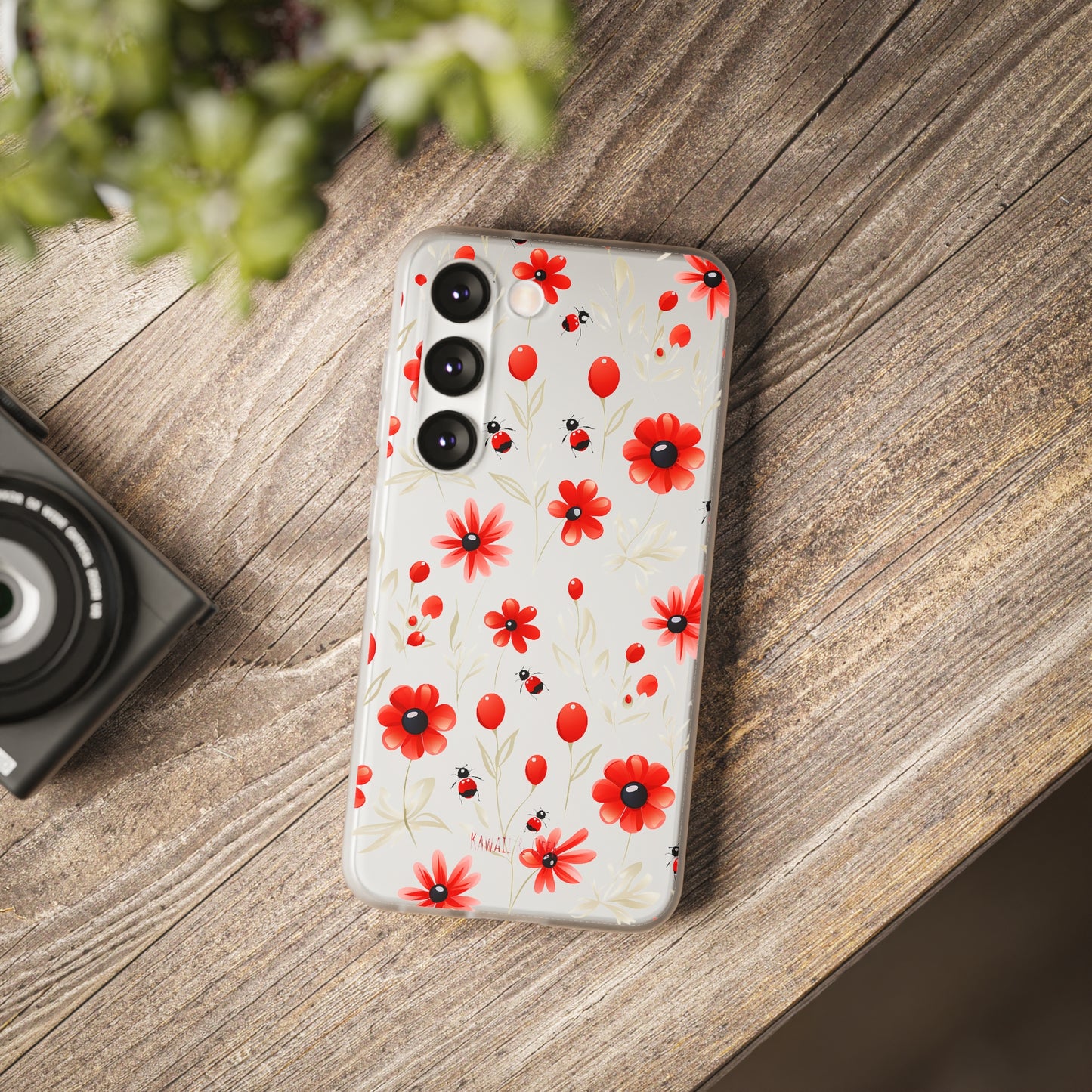 Red Flowers & Cute Bugs: Transparent Flexi Phone Case