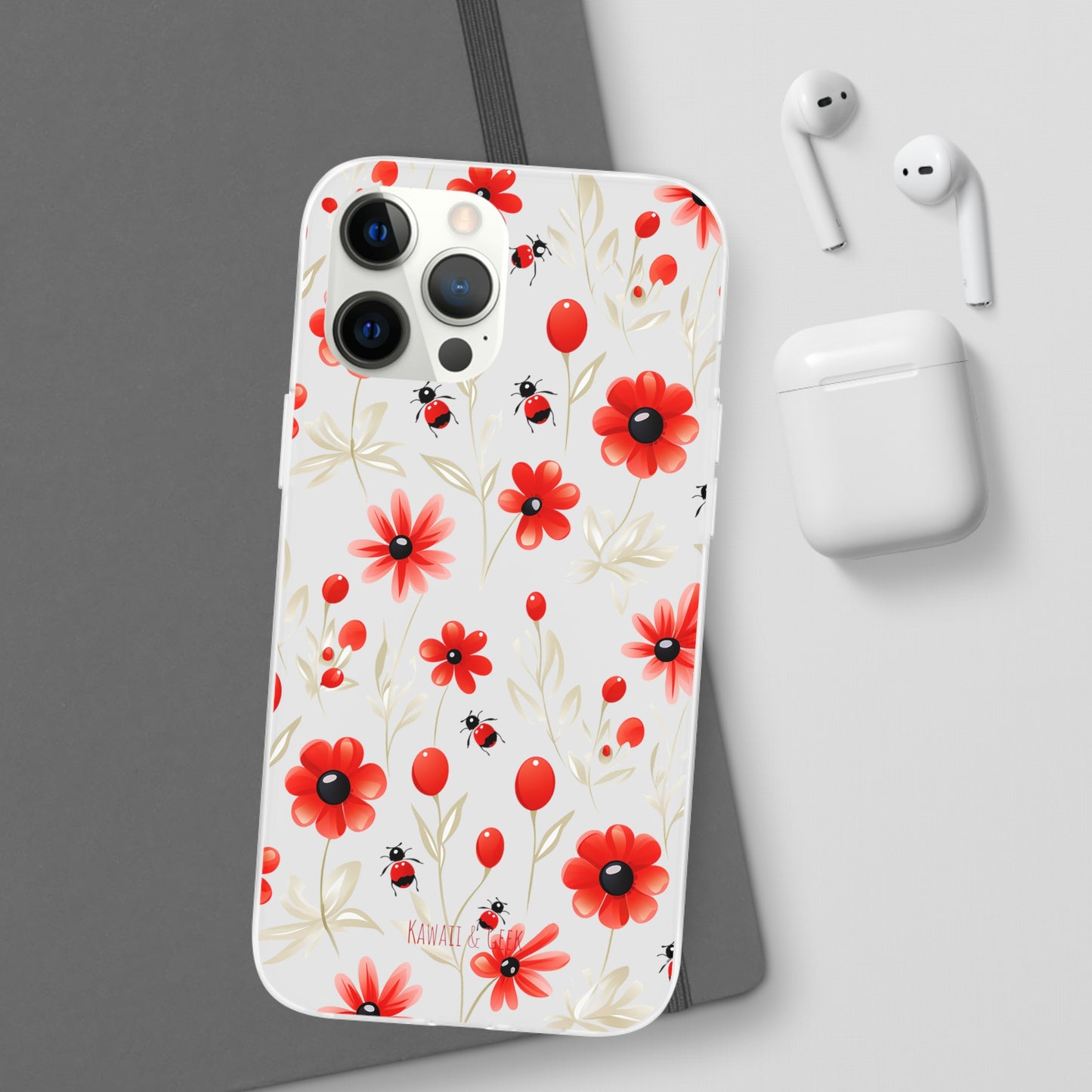 Red Flowers & Cute Bugs: Transparent Flexi Phone Case