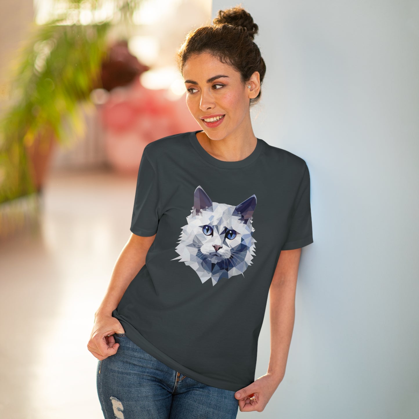 White Angora Cat Polygonal T-Shirt - Embrace Feline Elegance