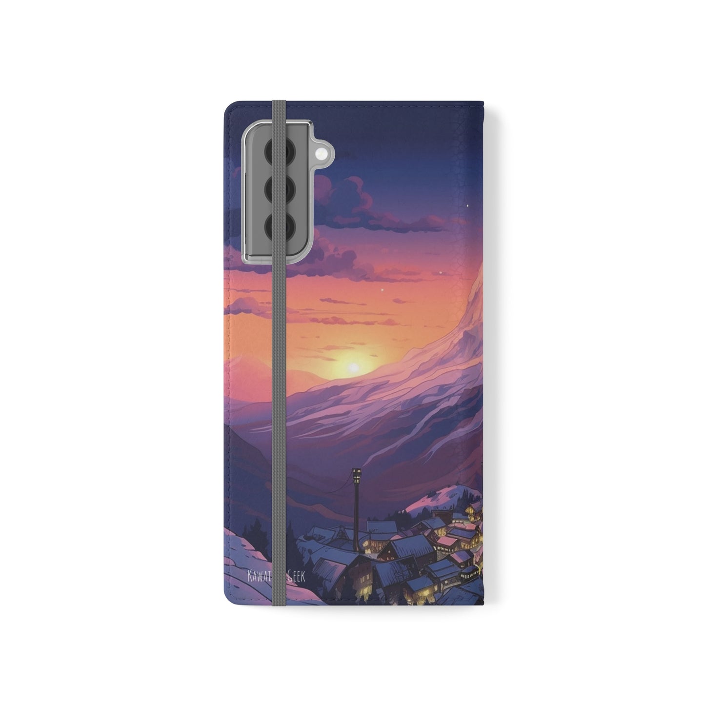 Snowy Mountain Landscape Sunset Flip Phone Case - Discover Serenity with a Charming Mountain Village