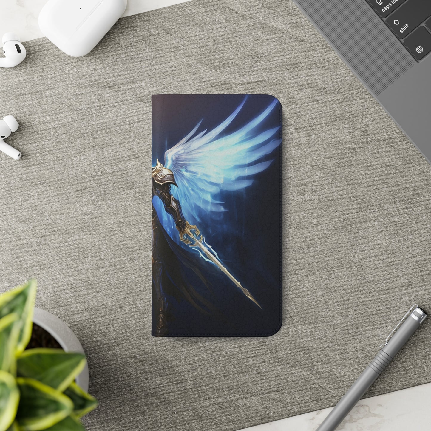 Archangel Flip Phone Case: Ethereal Wings & Sword Design