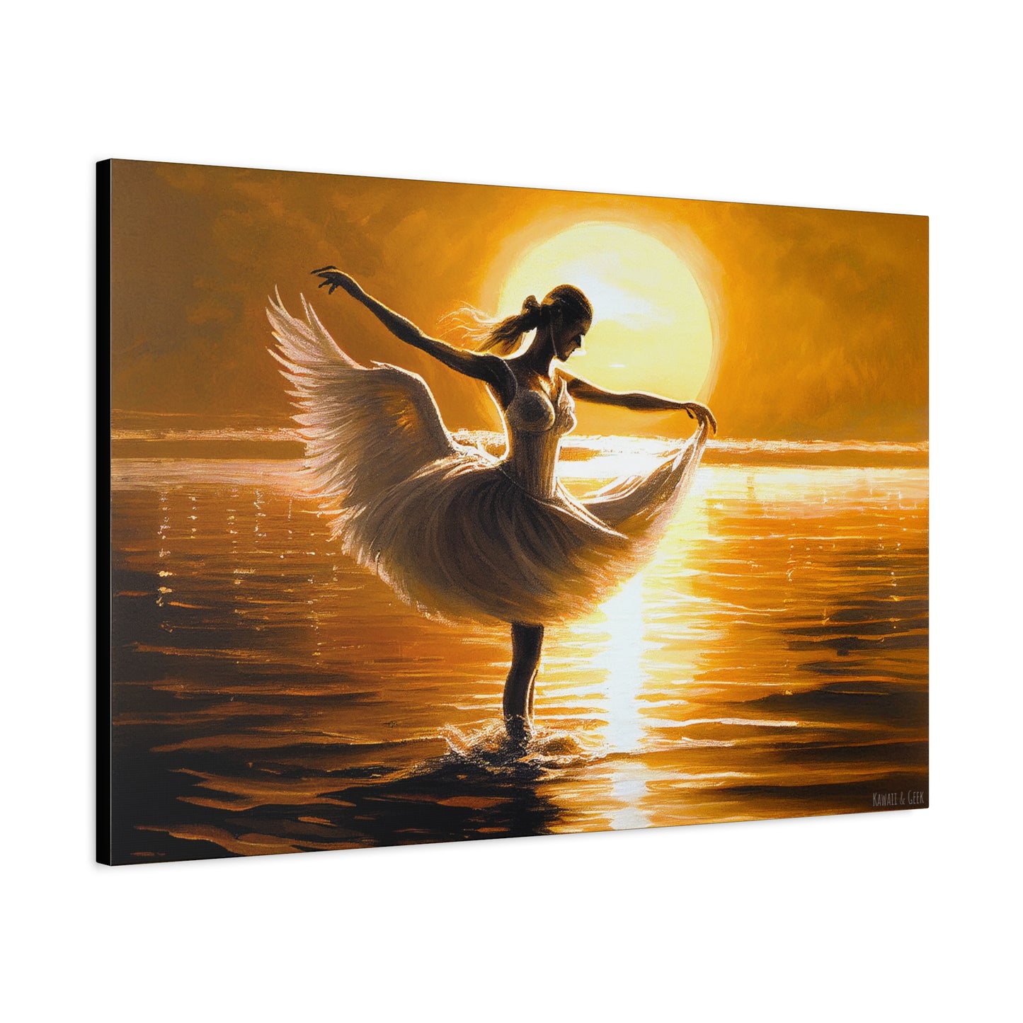 Graceful Dancer Canva - Captivating Swan Feather Dress, Elegant Water Dance at Sunset