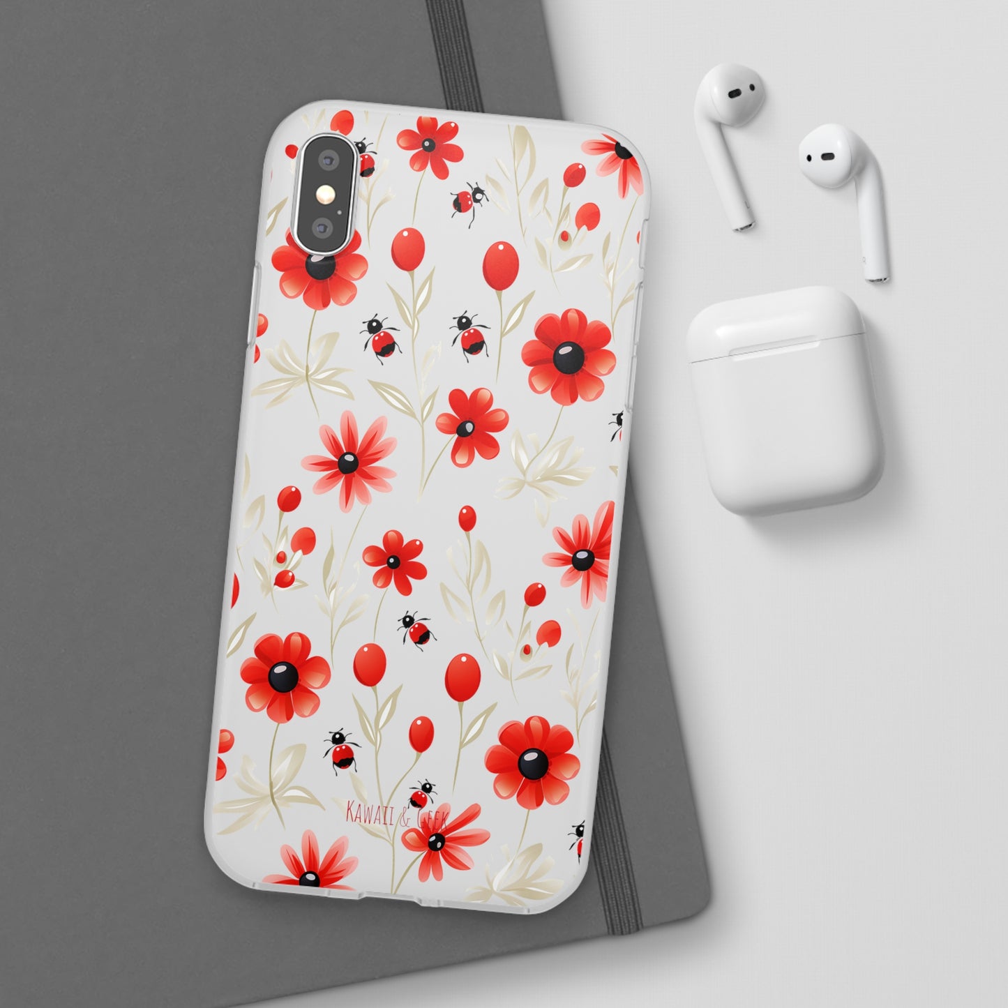 Red Flowers & Cute Bugs: Transparent Flexi Phone Case