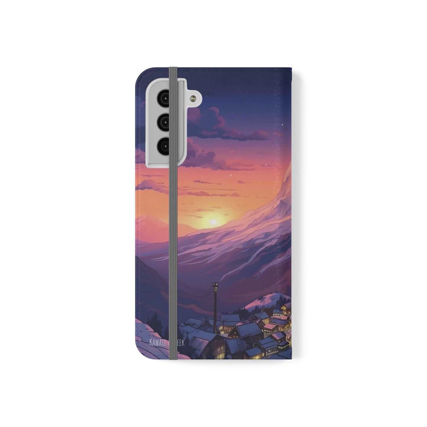 Snowy Mountain Landscape Sunset Flip Phone Case - Discover Serenity with a Charming Mountain Village