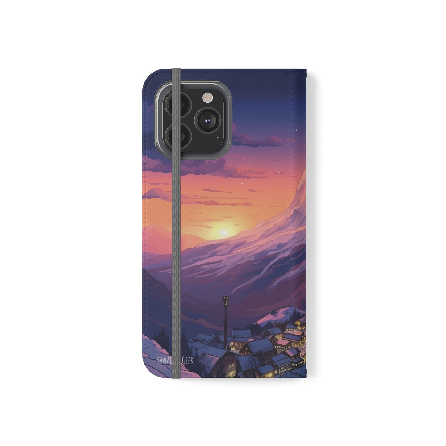 Snowy Mountain Landscape Sunset Flip Phone Case - Discover Serenity with a Charming Mountain Village