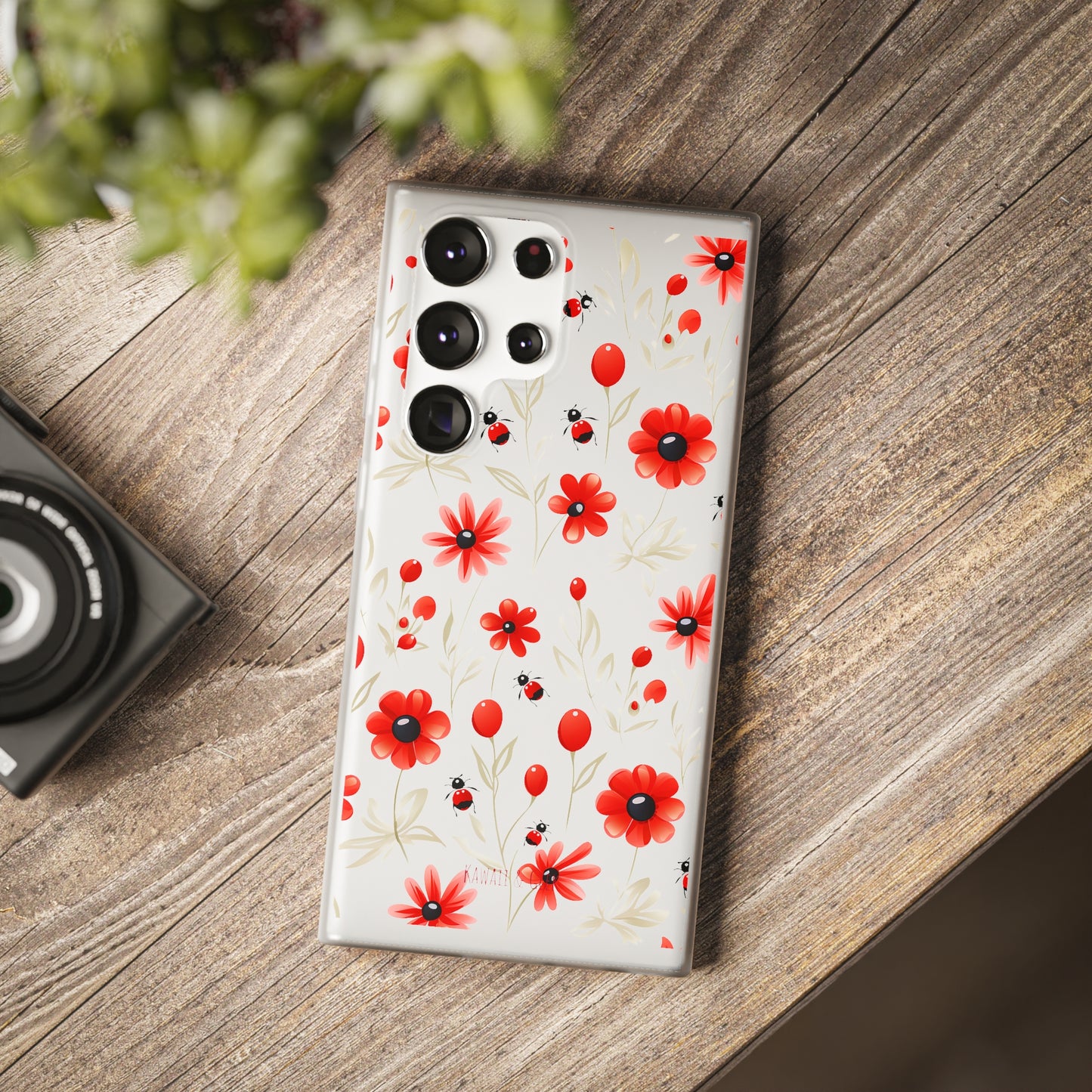 Red Flowers & Cute Bugs: Transparent Flexi Phone Case