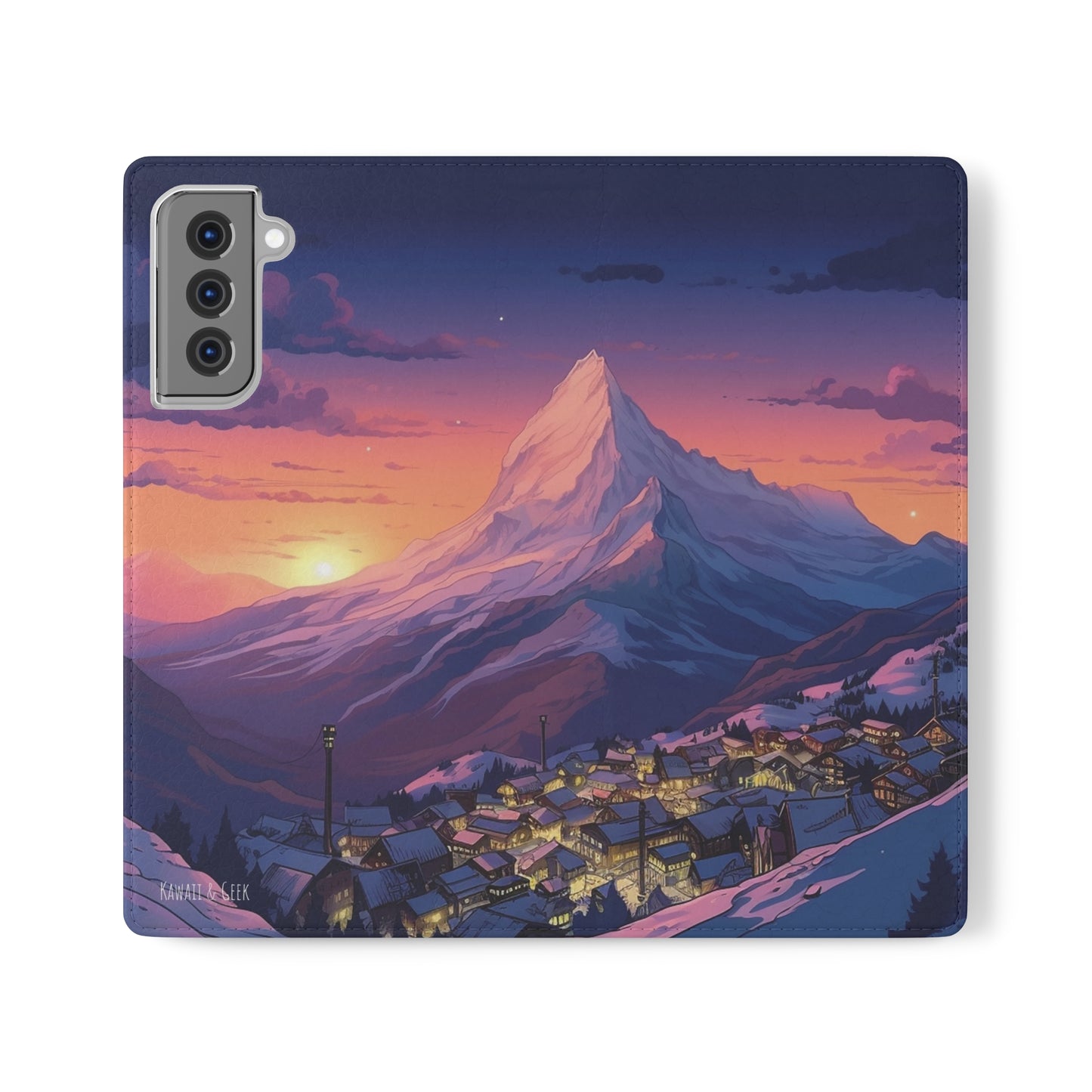 Snowy Mountain Landscape Sunset Flip Phone Case - Discover Serenity with a Charming Mountain Village