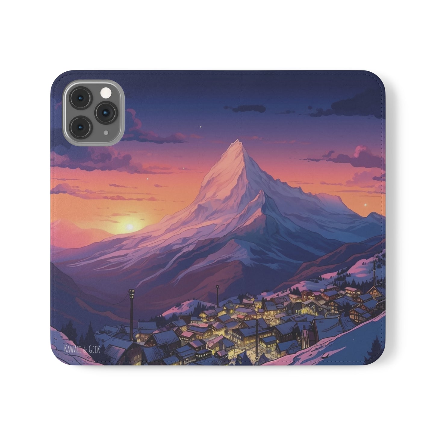 Snowy Mountain Landscape Sunset Flip Phone Case - Discover Serenity with a Charming Mountain Village