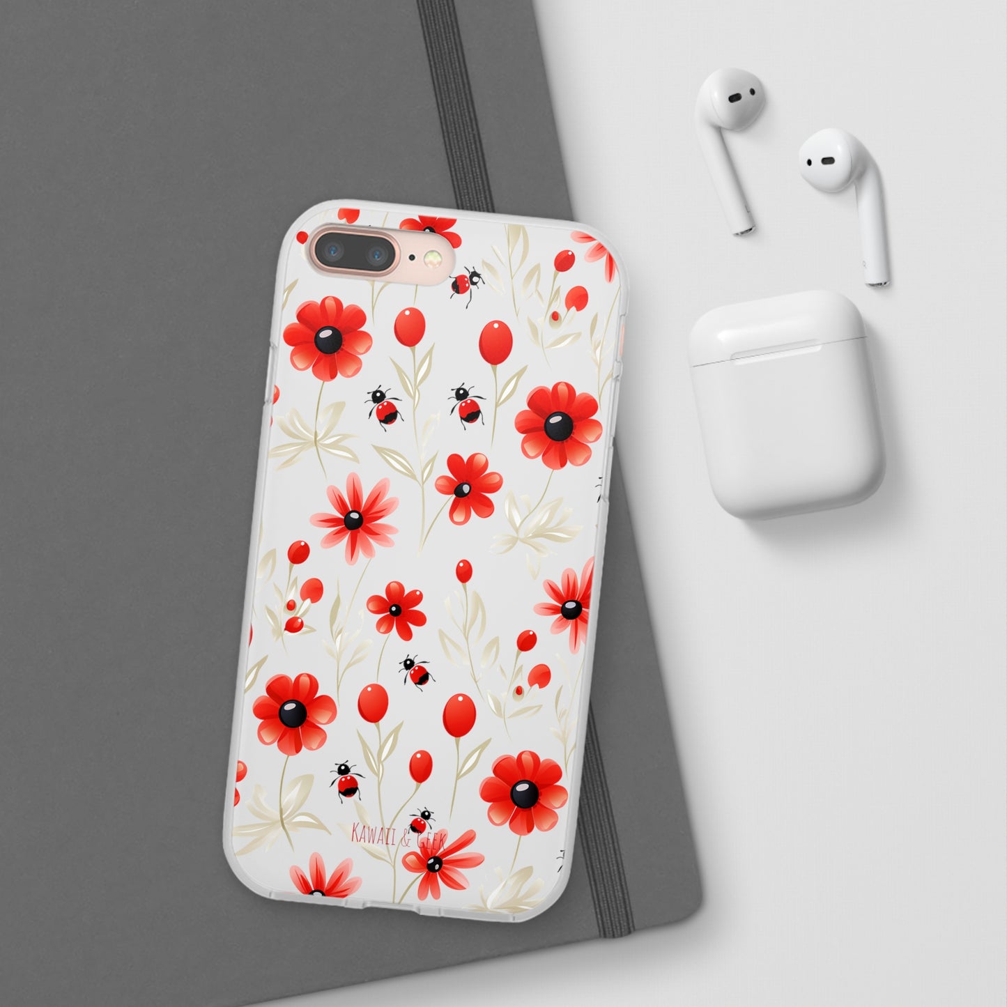 Red Flowers & Cute Bugs: Transparent Flexi Phone Case