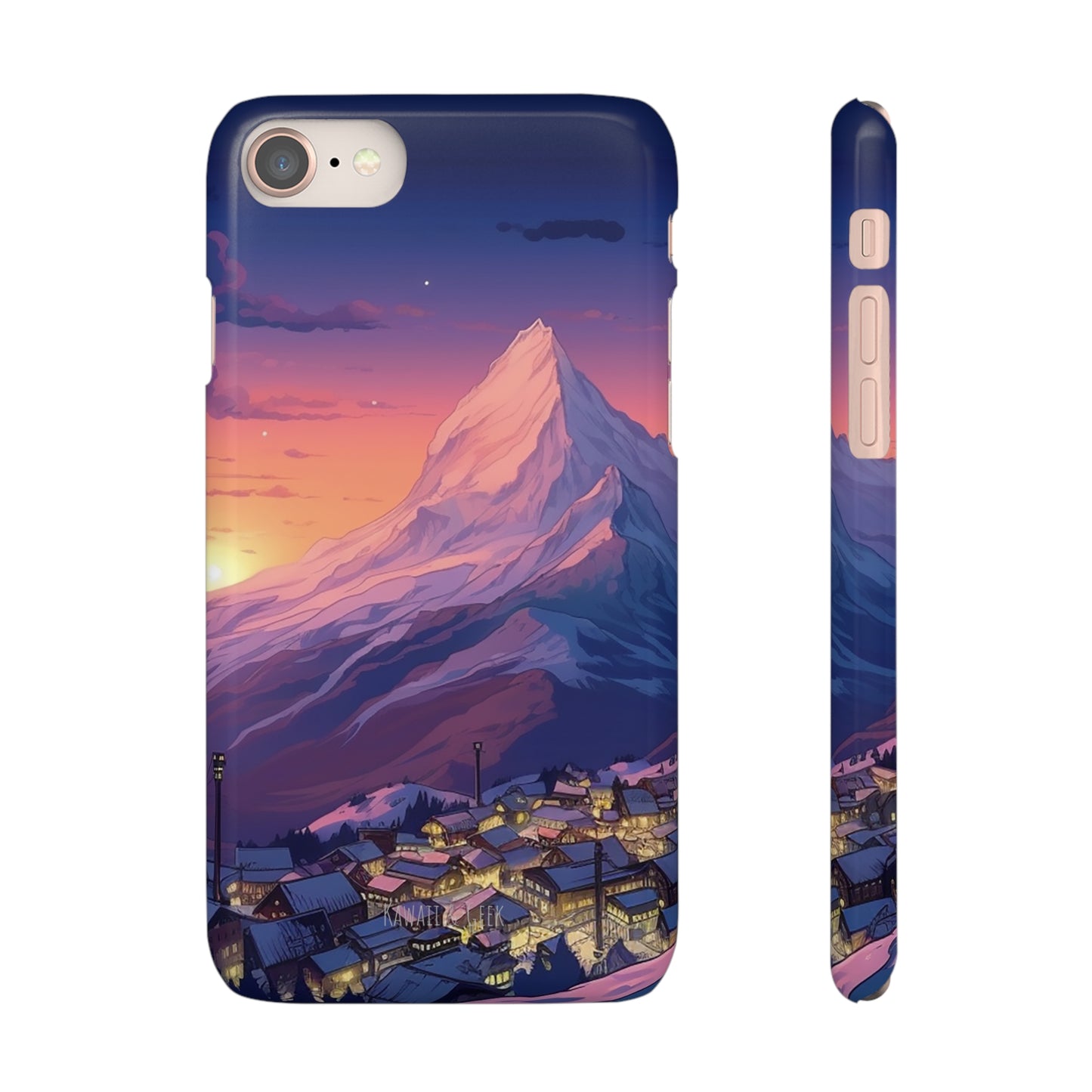 Snowy Mountain Landscape Sunset Phone Case - Discover Serenity with a Charming Mountain Village