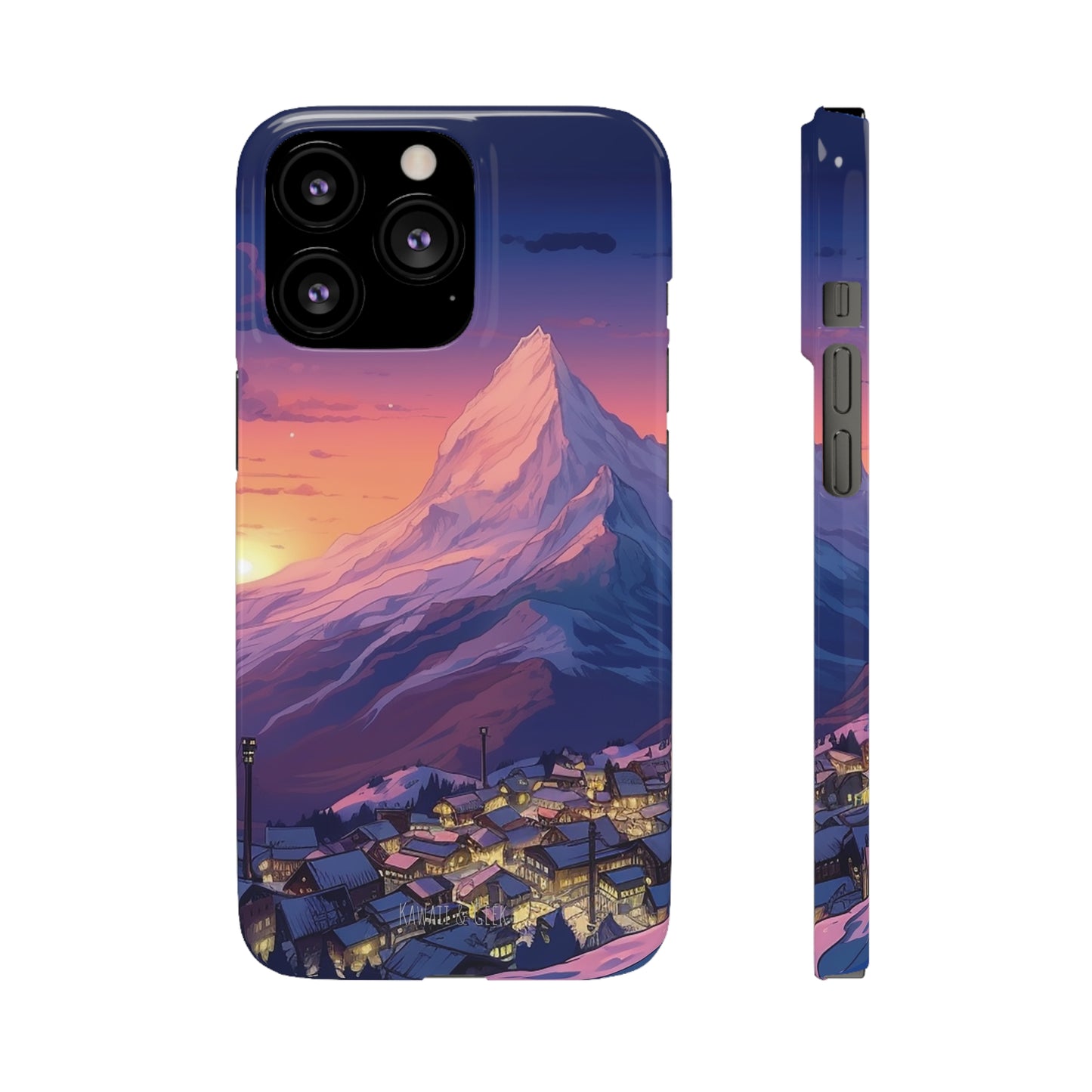 Snowy Mountain Landscape Sunset Phone Case - Discover Serenity with a Charming Mountain Village