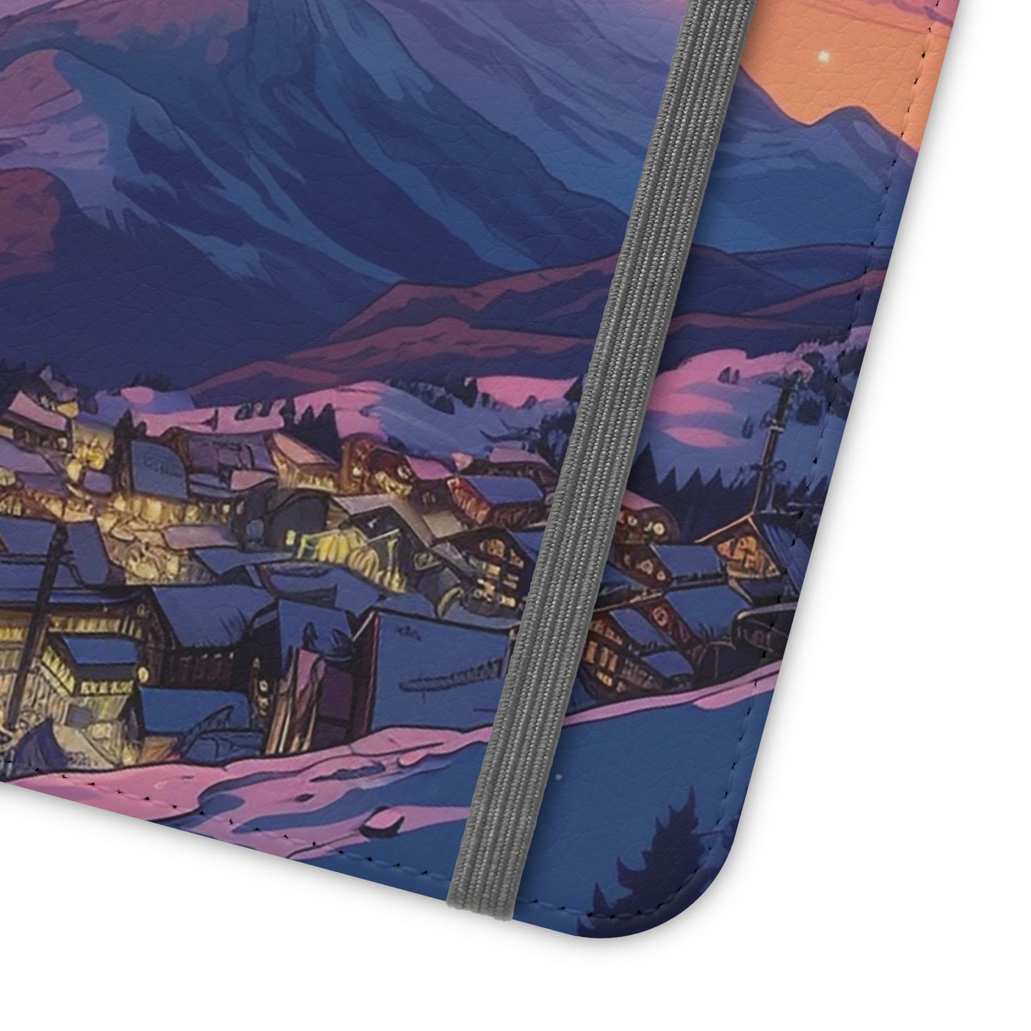 Snowy Mountain Landscape Sunset Flip Phone Case - Discover Serenity with a Charming Mountain Village