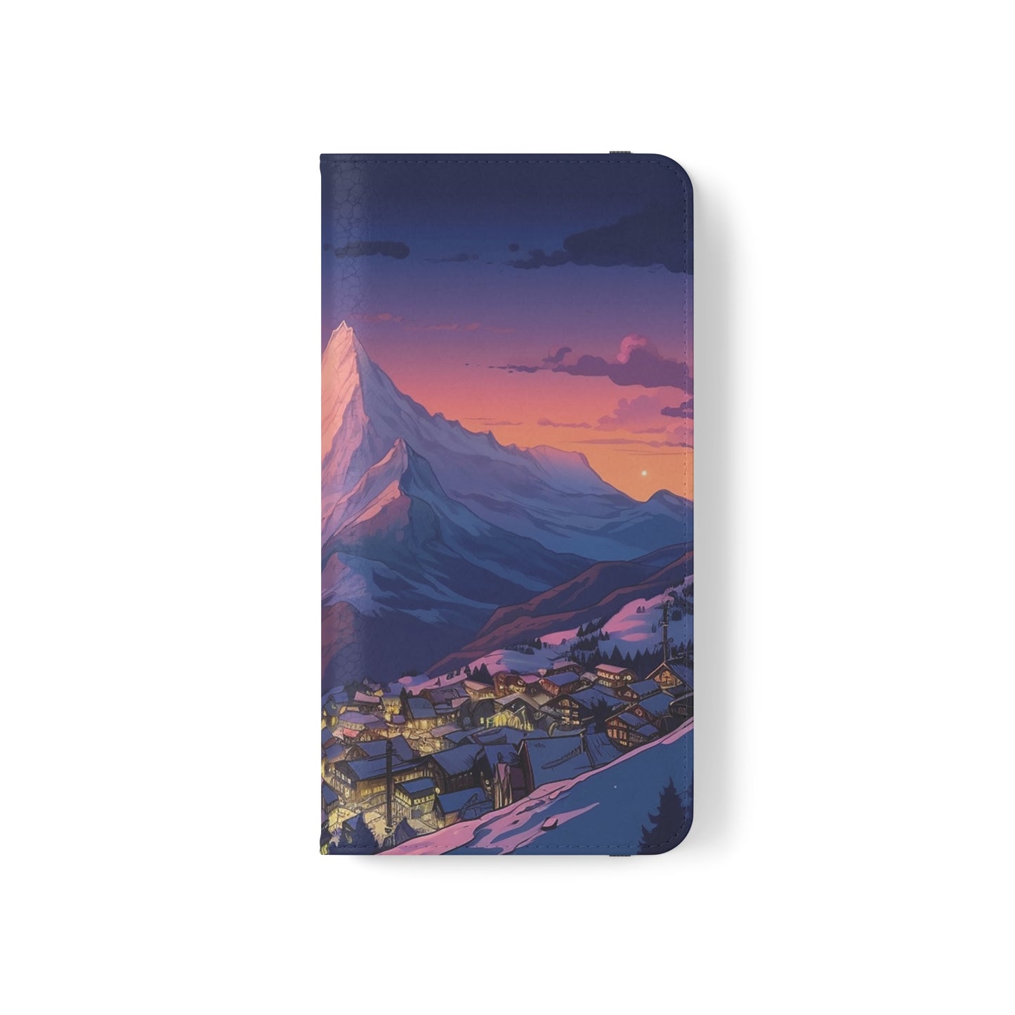 Snowy Mountain Landscape Sunset Flip Phone Case - Discover Serenity with a Charming Mountain Village