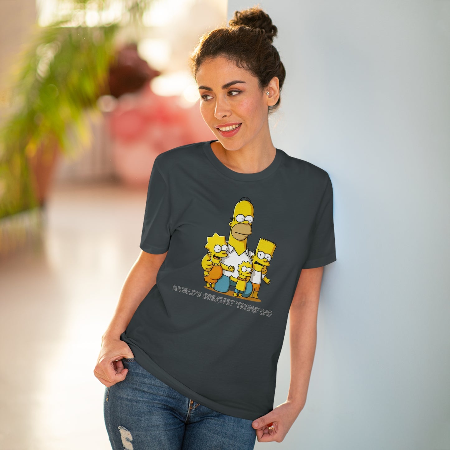 World's Greatest Trying Dad - Unisex Eco-Friendly T-Shirt - Celebrate Father's Day with Cute Homer Simpson and His Kids