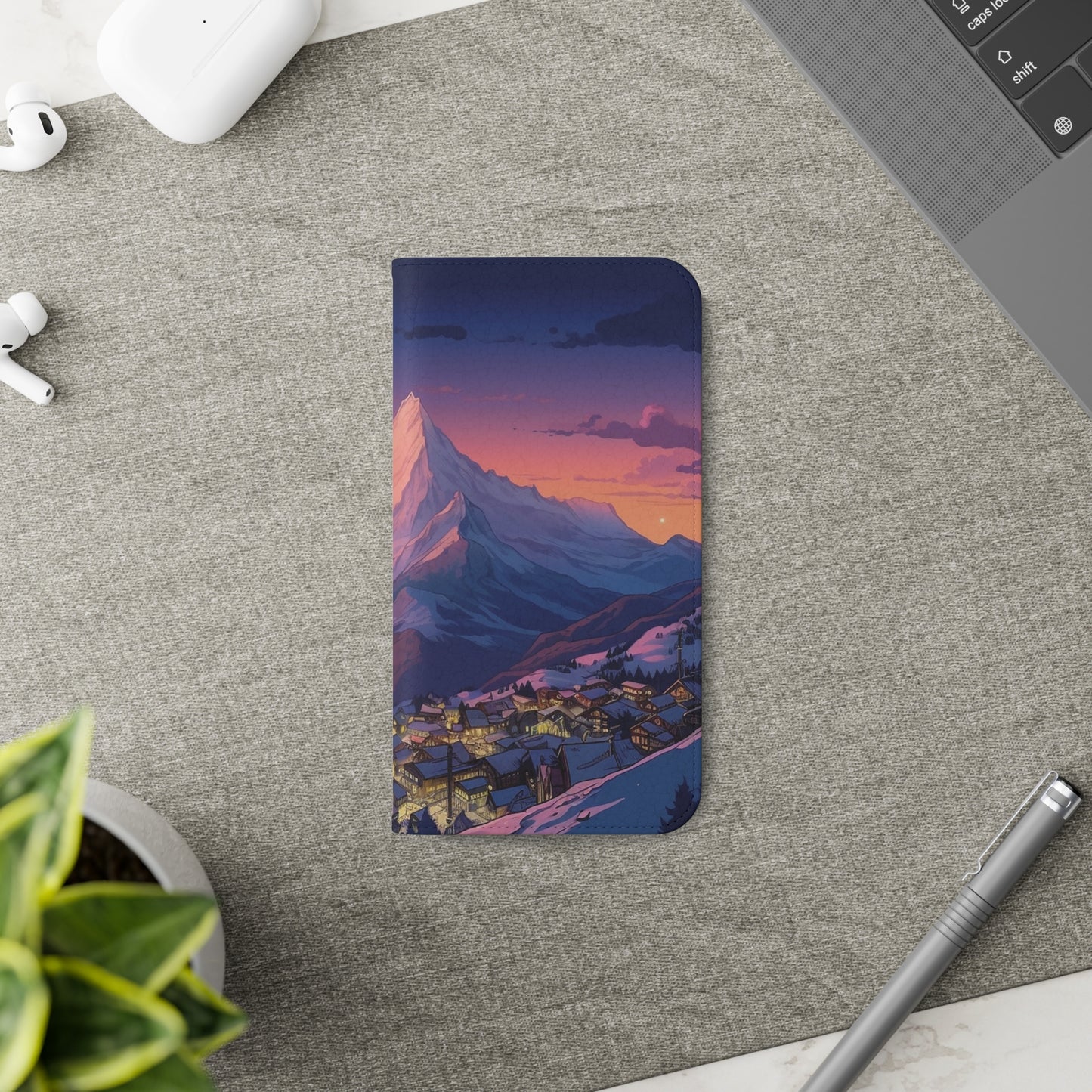 Snowy Mountain Landscape Sunset Flip Phone Case - Discover Serenity with a Charming Mountain Village