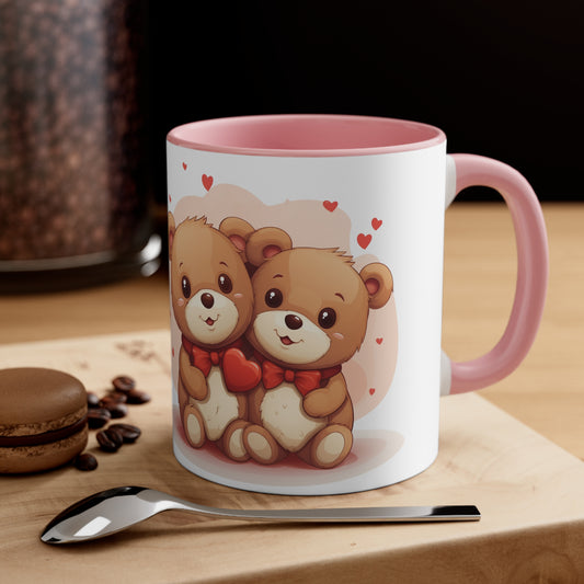 11oz Bi-Color Mug: "Sharing with my Love" cute Teddies couple - Valentine's Day