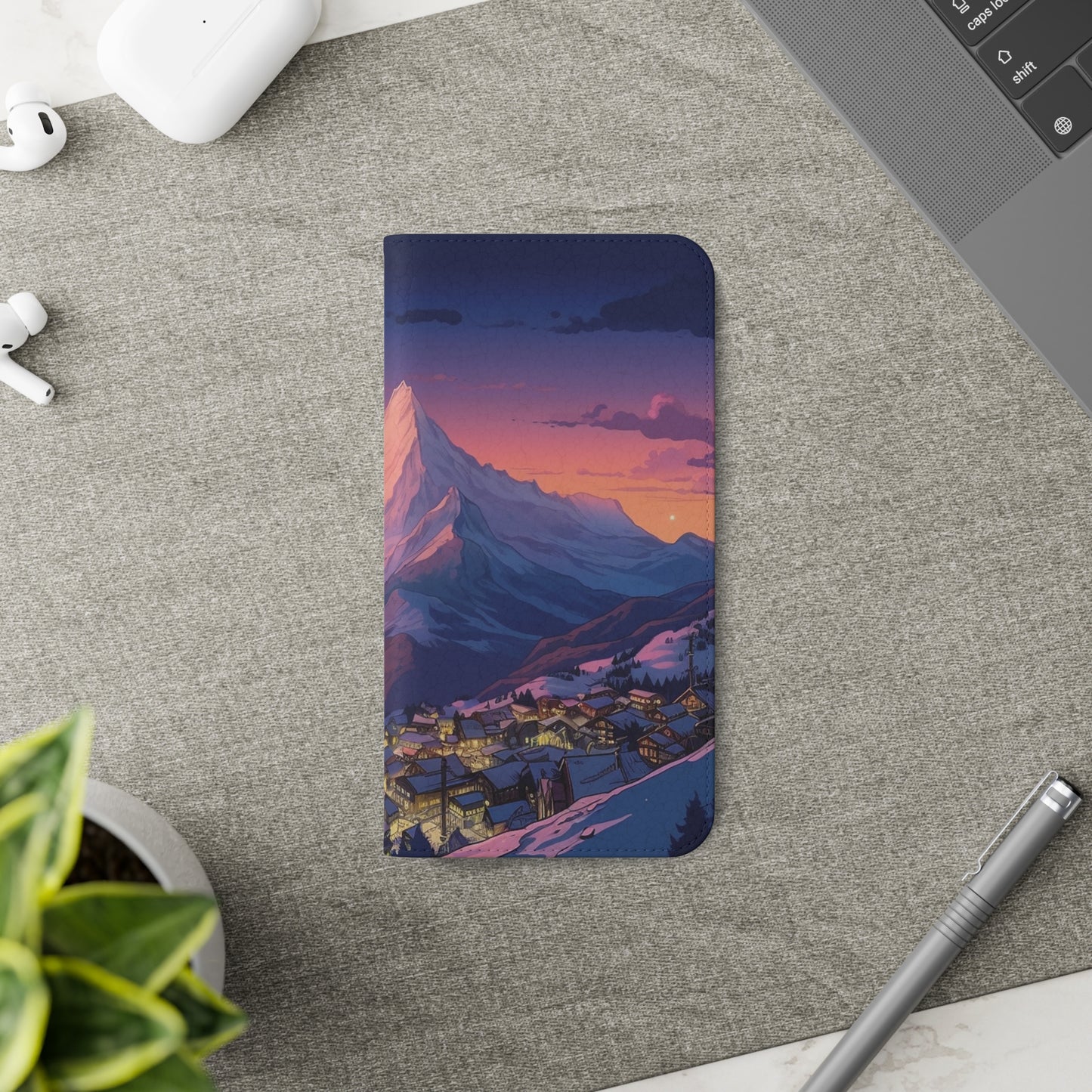 Snowy Mountain Landscape Sunset Flip Phone Case - Discover Serenity with a Charming Mountain Village