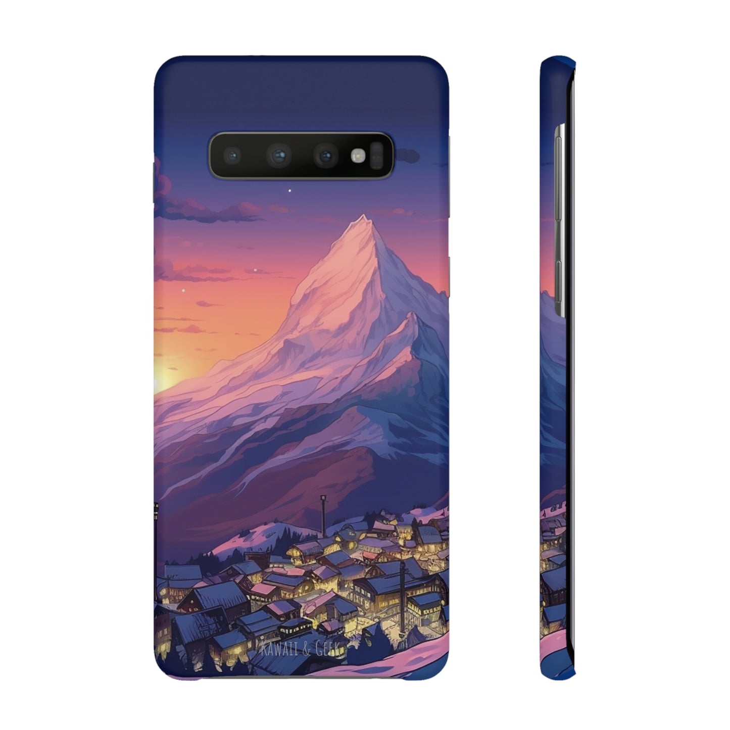 Snowy Mountain Landscape Sunset Phone Case - Discover Serenity with a Charming Mountain Village