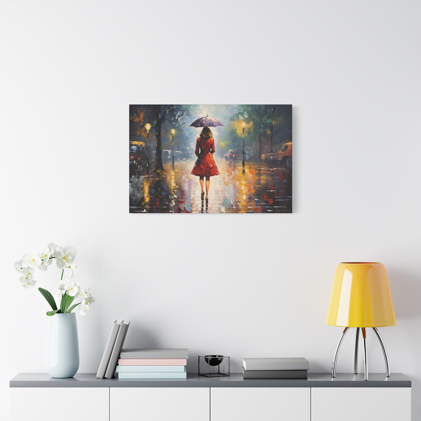 Elegant Woman in Parisian Rain: Premium Cotton Canvas Art