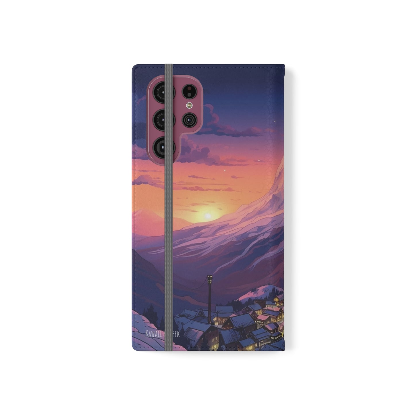 Snowy Mountain Landscape Sunset Flip Phone Case - Discover Serenity with a Charming Mountain Village