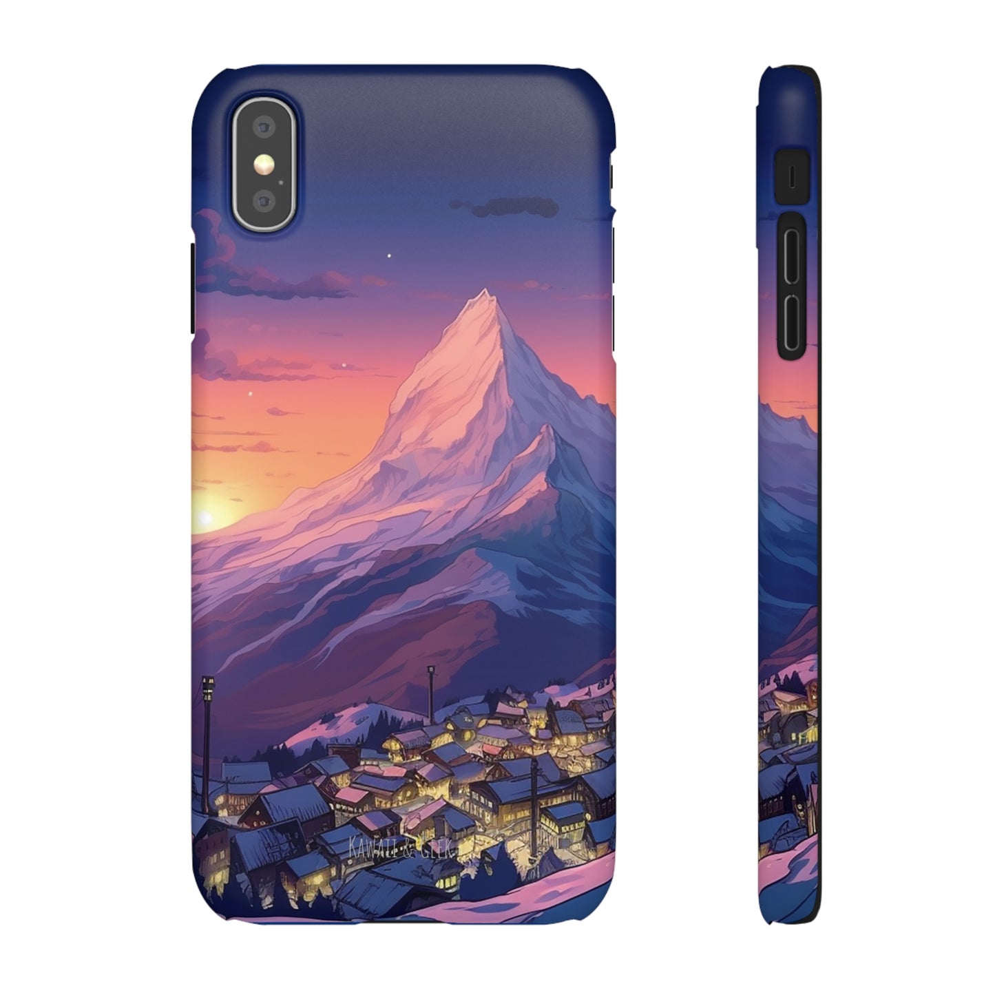 Snowy Mountain Landscape Sunset Phone Case - Discover Serenity with a Charming Mountain Village