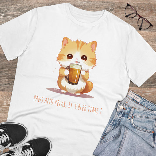 Cute Cat & Beer Design T-Shirt - Unisex and Eco-Friendly 'Paws and Relax, It's Beer Time'