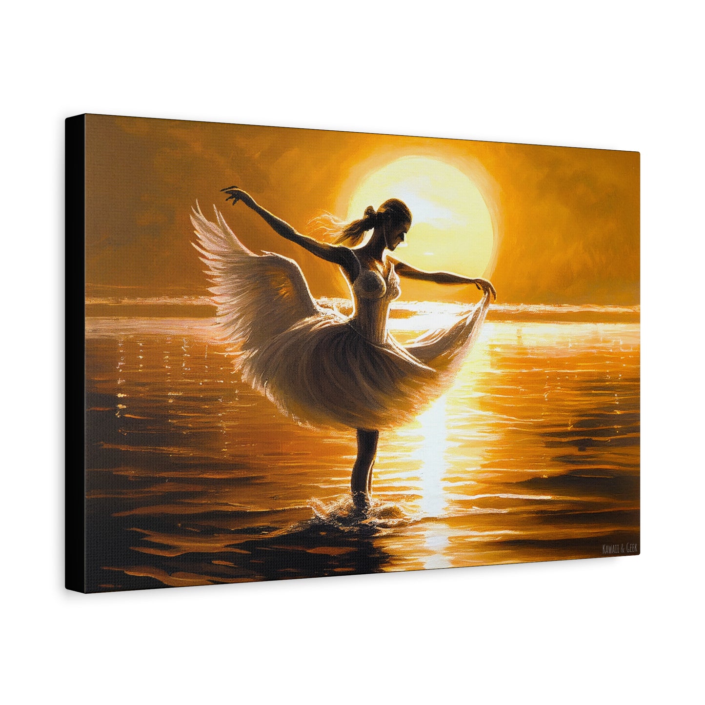 Graceful Dancer Canva - Captivating Swan Feather Dress, Elegant Water Dance at Sunset