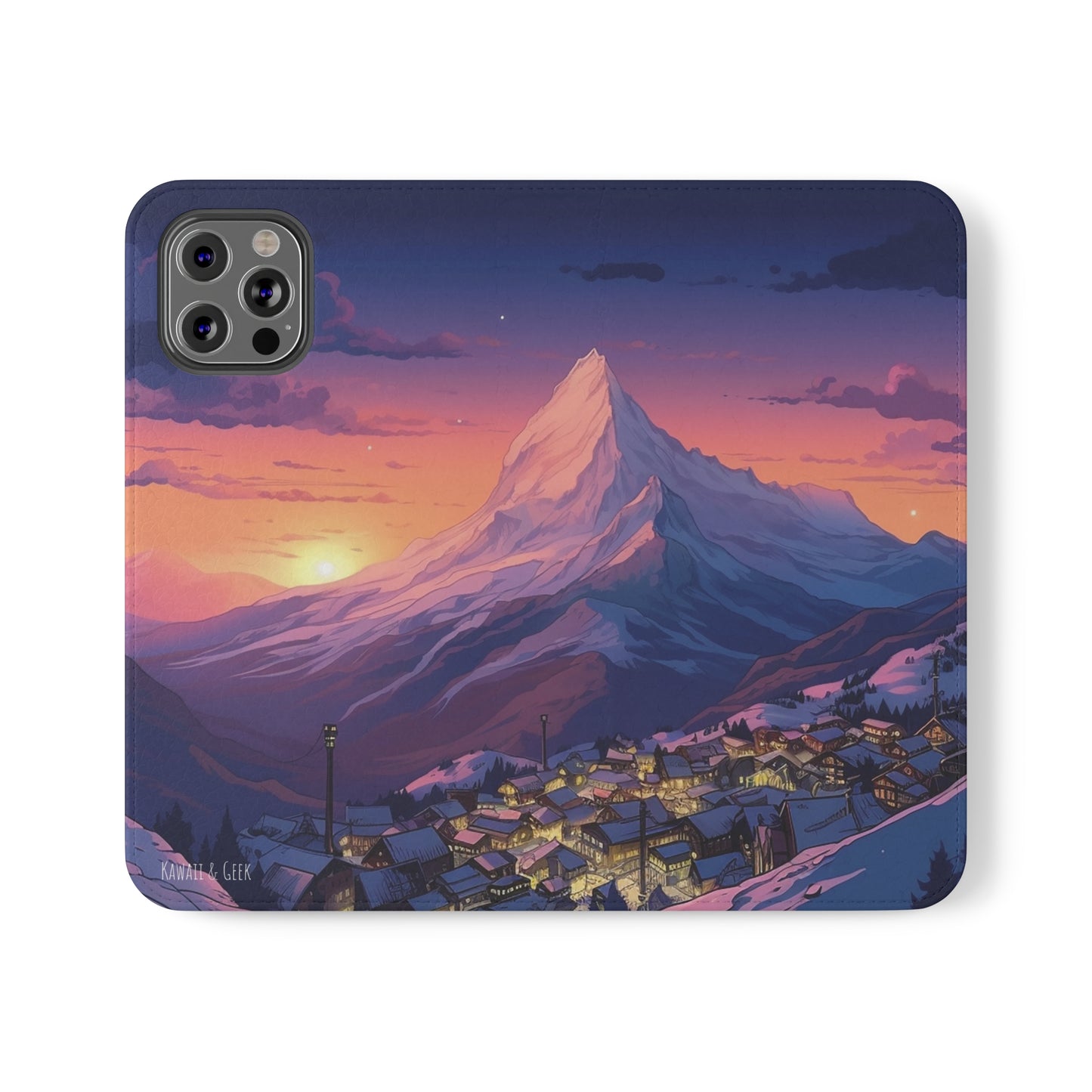 Snowy Mountain Landscape Sunset Flip Phone Case - Discover Serenity with a Charming Mountain Village