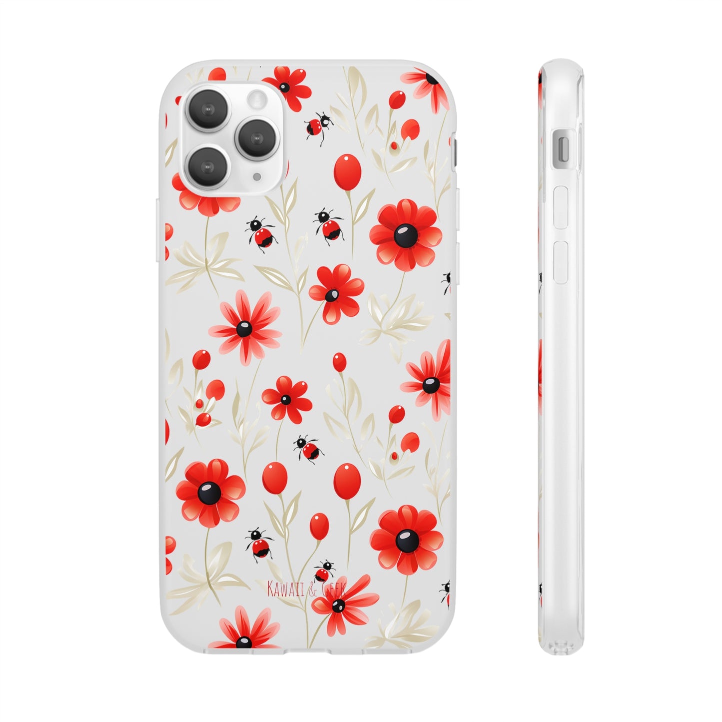 Red Flowers & Cute Bugs: Transparent Flexi Phone Case