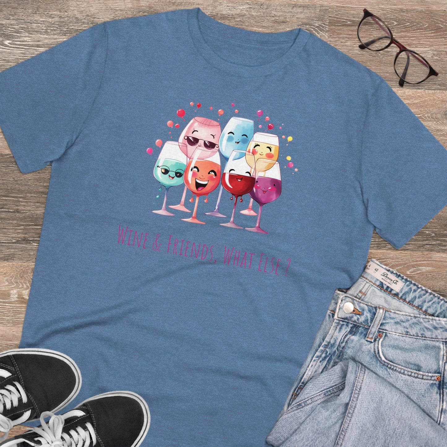 Eco-Friendly 'Wine & Friends' T-Shirt - Kawaii Wine Glasses, Unisex