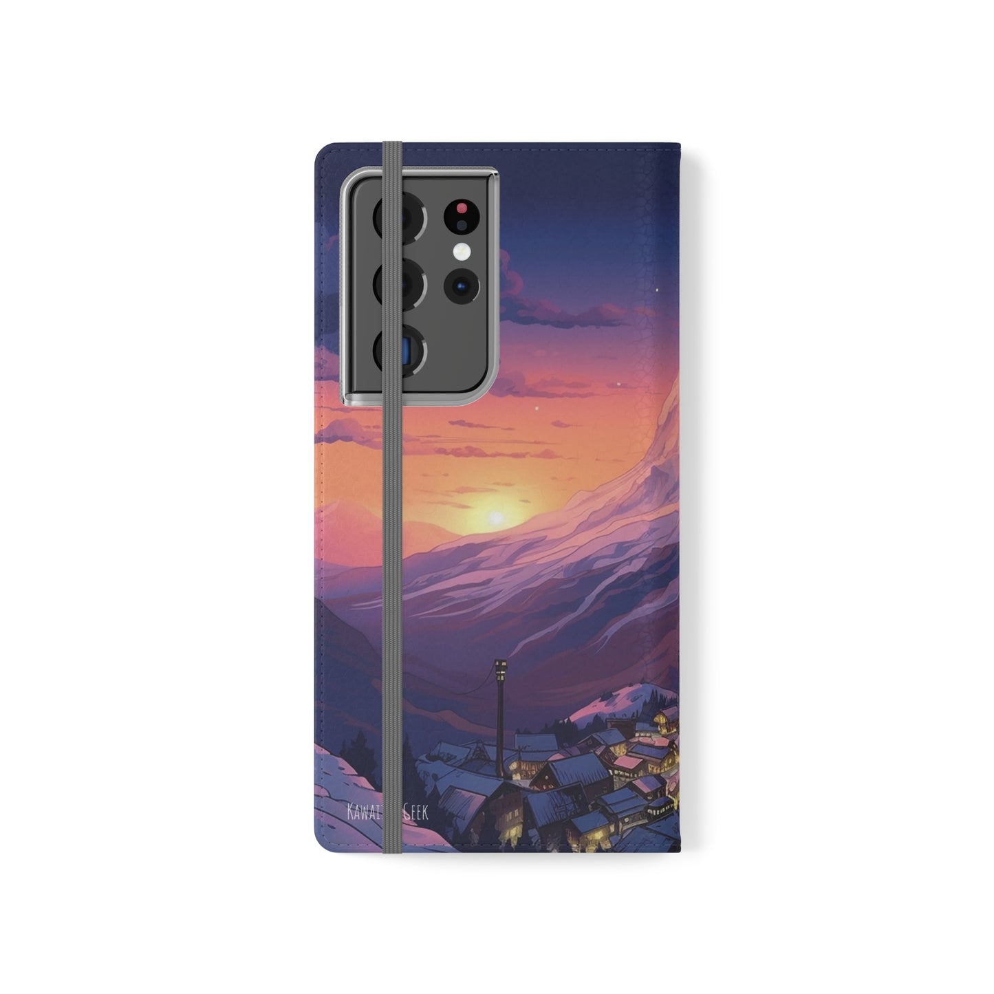 Snowy Mountain Landscape Sunset Flip Phone Case - Discover Serenity with a Charming Mountain Village