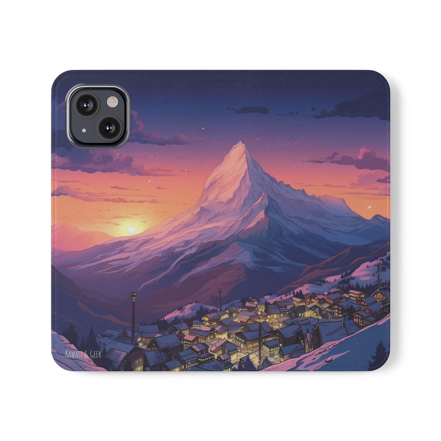 Snowy Mountain Landscape Sunset Flip Phone Case - Discover Serenity with a Charming Mountain Village