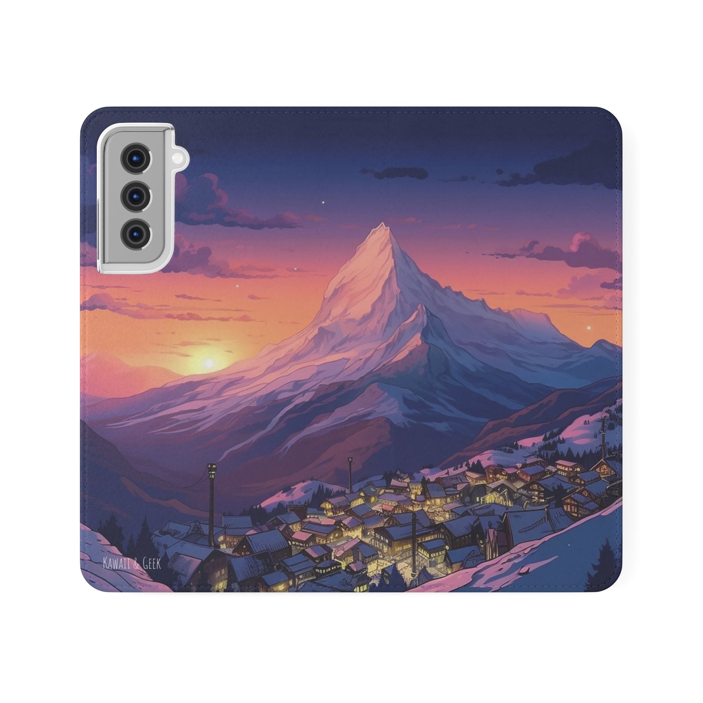 Snowy Mountain Landscape Sunset Flip Phone Case - Discover Serenity with a Charming Mountain Village