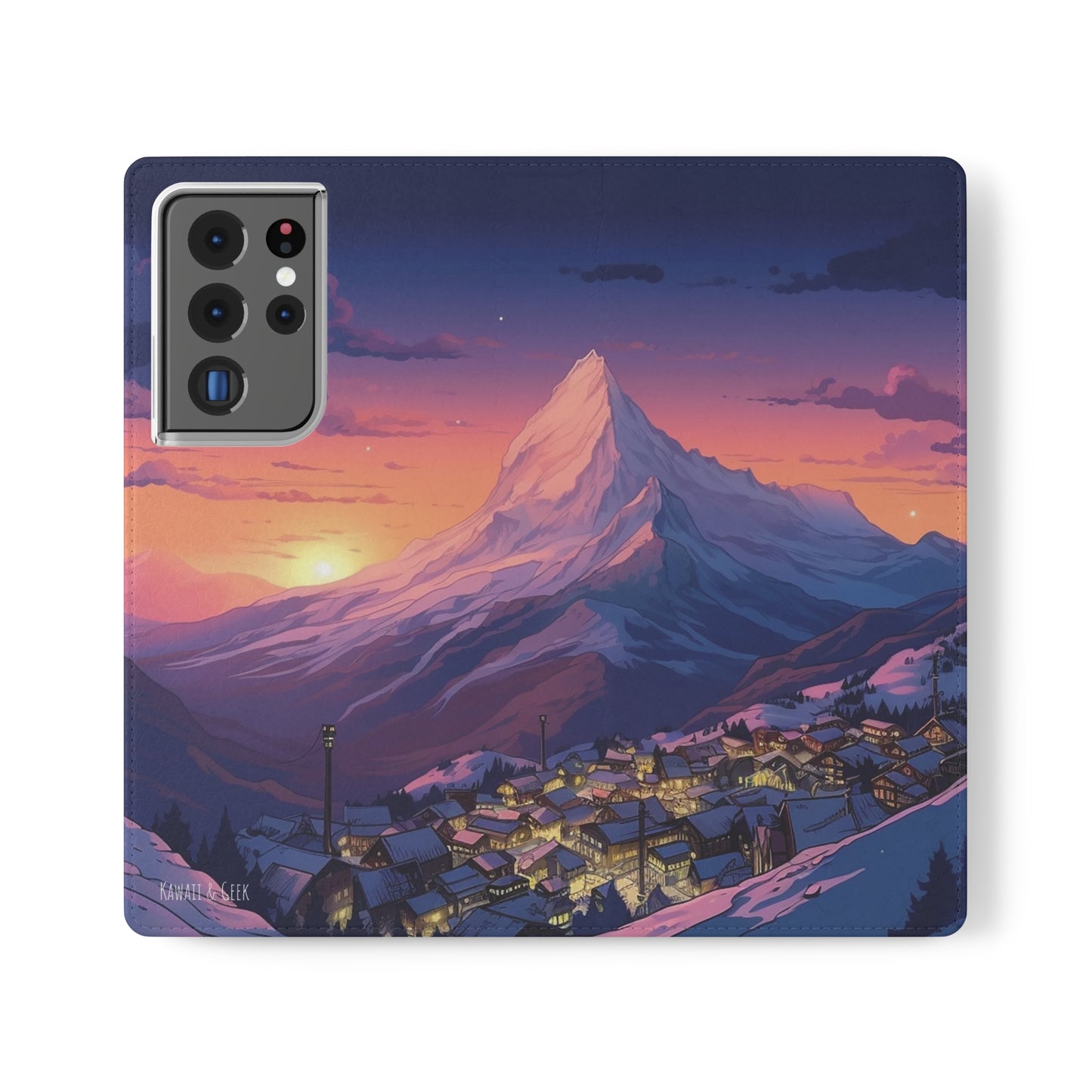 Snowy Mountain Landscape Sunset Flip Phone Case - Discover Serenity with a Charming Mountain Village