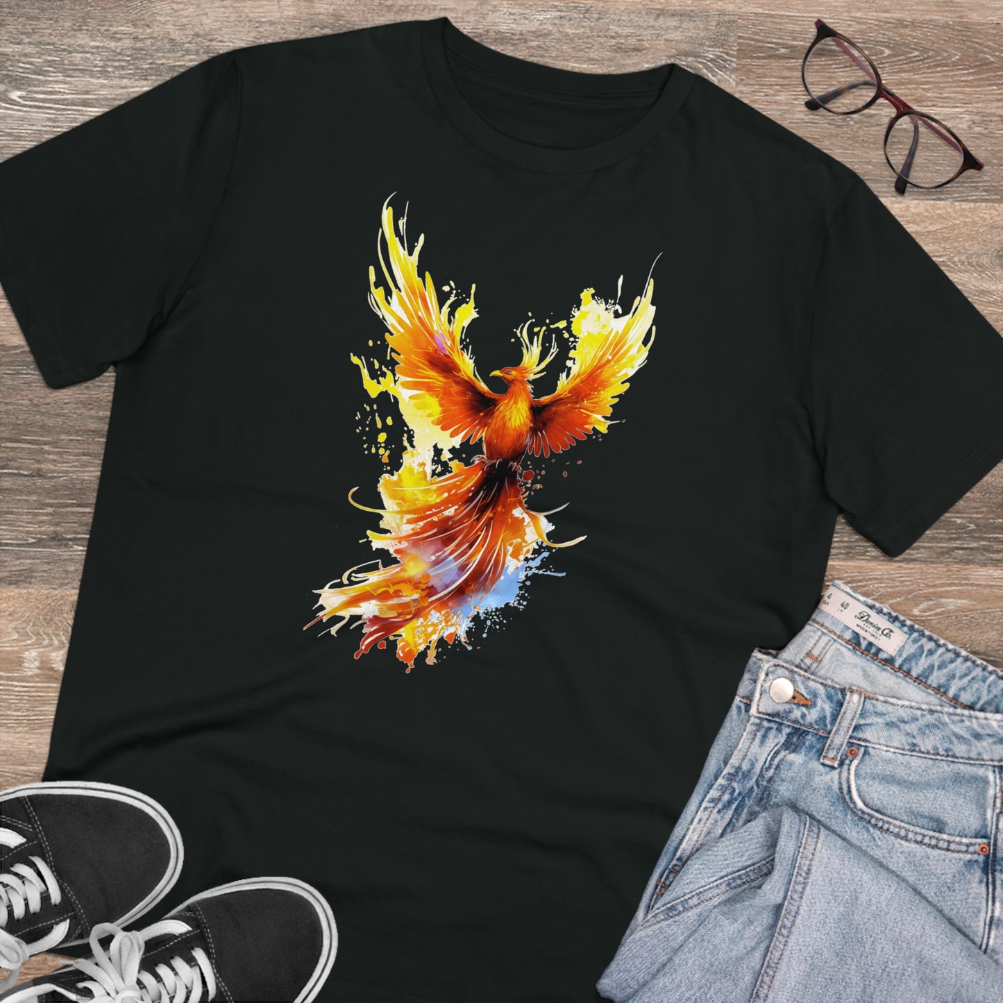 Burning Phoenix Watercolor T-Shirt - Unisex and Eco-Friendly Fashion with a Fiery Twist