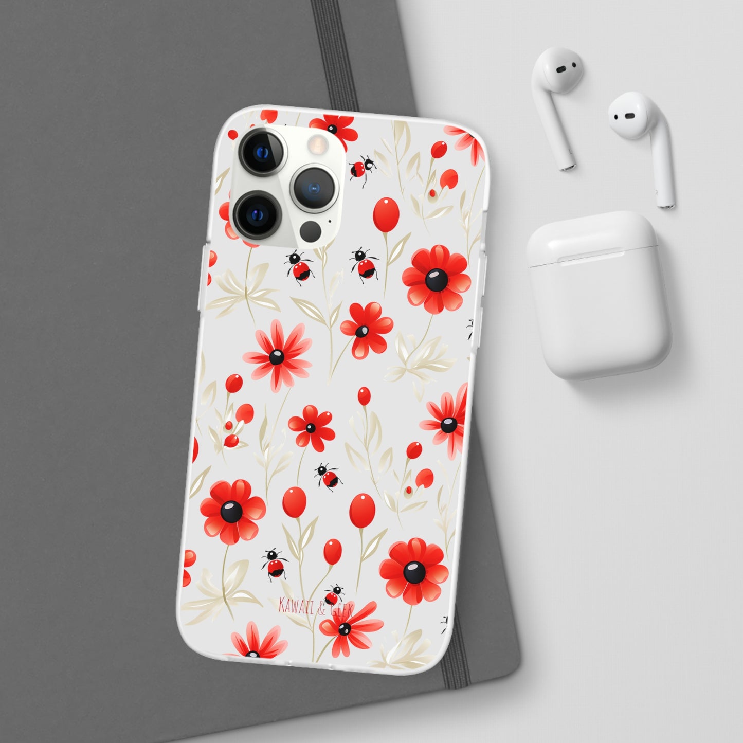 Red Flowers & Cute Bugs: Transparent Flexi Phone Case