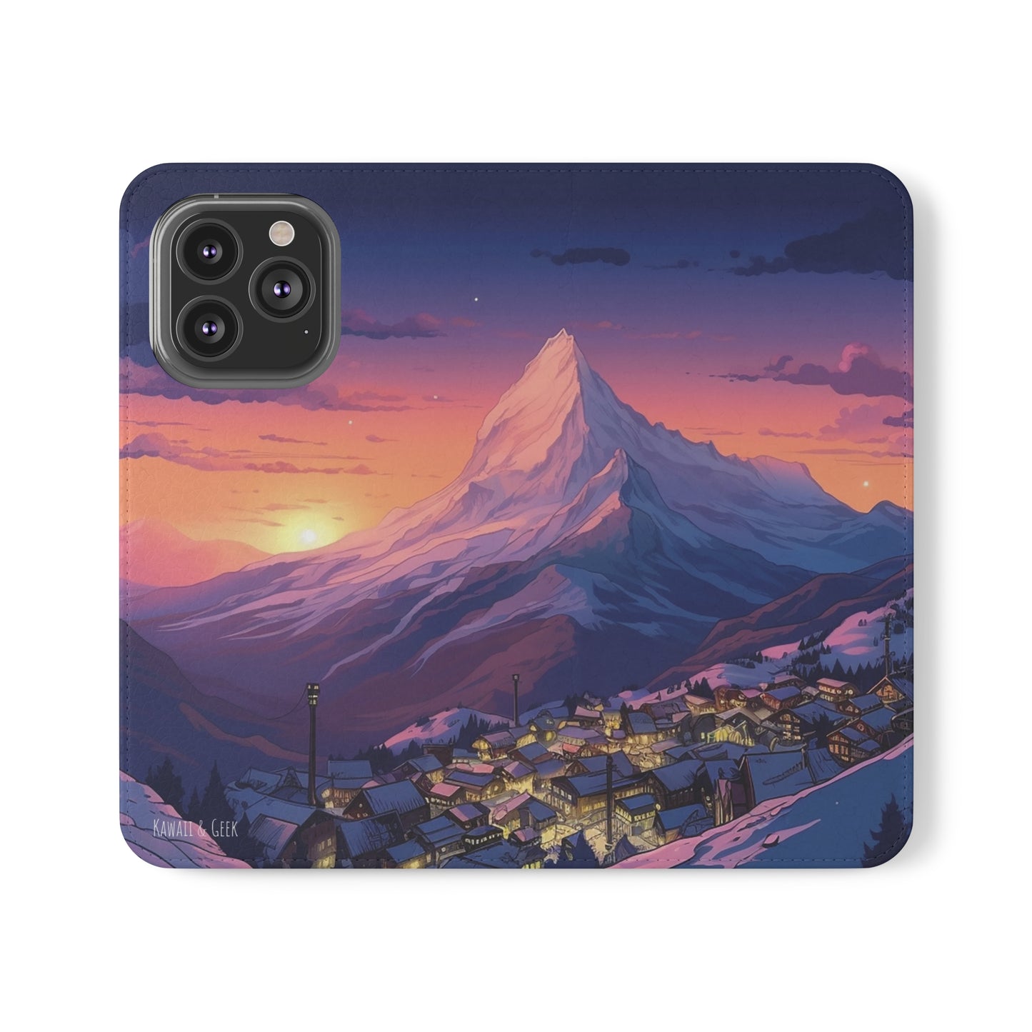 Snowy Mountain Landscape Sunset Flip Phone Case - Discover Serenity with a Charming Mountain Village