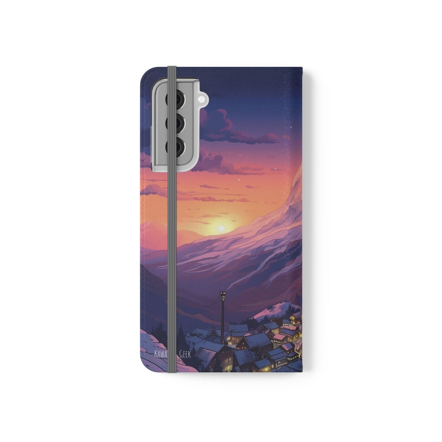 Snowy Mountain Landscape Sunset Flip Phone Case - Discover Serenity with a Charming Mountain Village