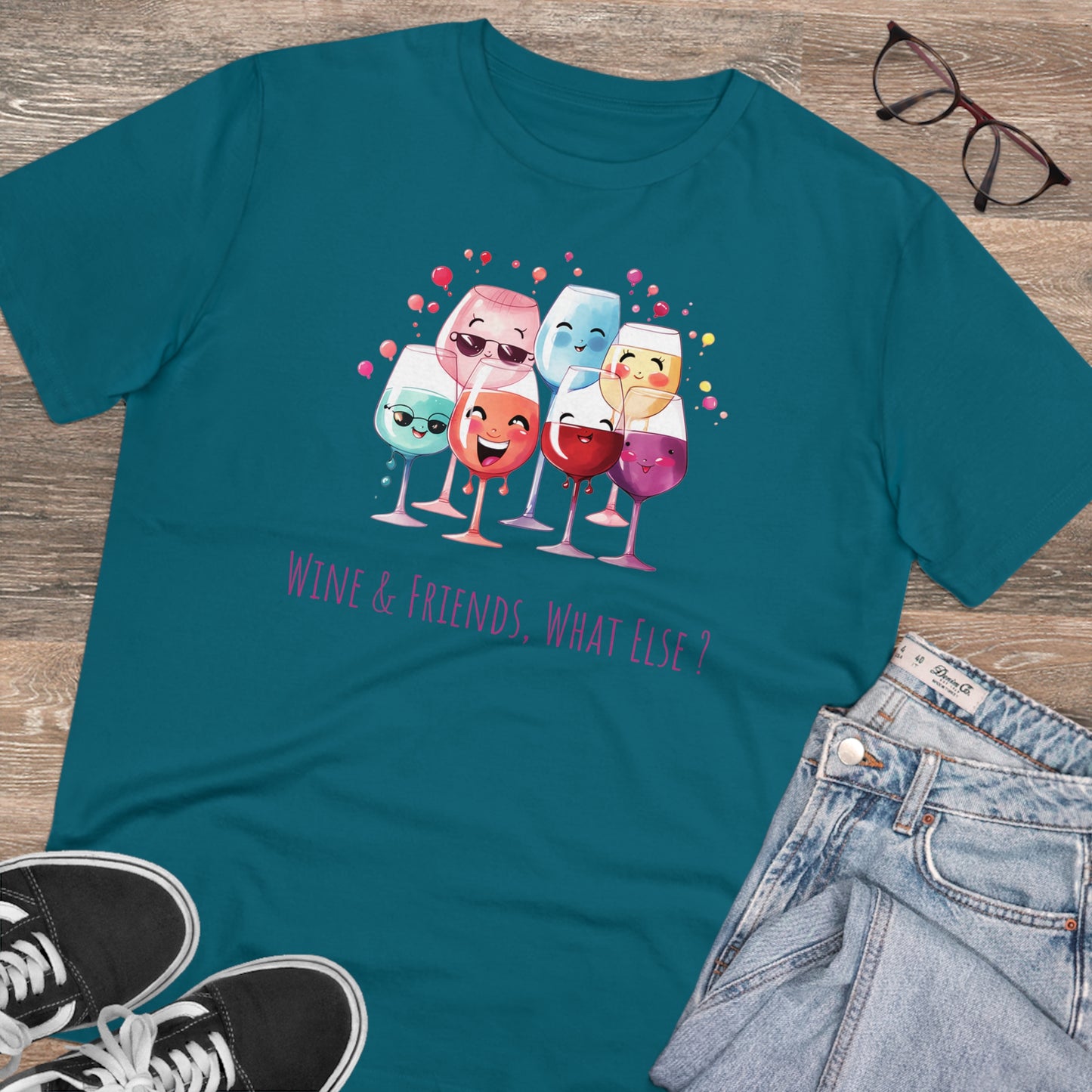 Eco-Friendly 'Wine & Friends' T-Shirt - Kawaii Wine Glasses, Unisex