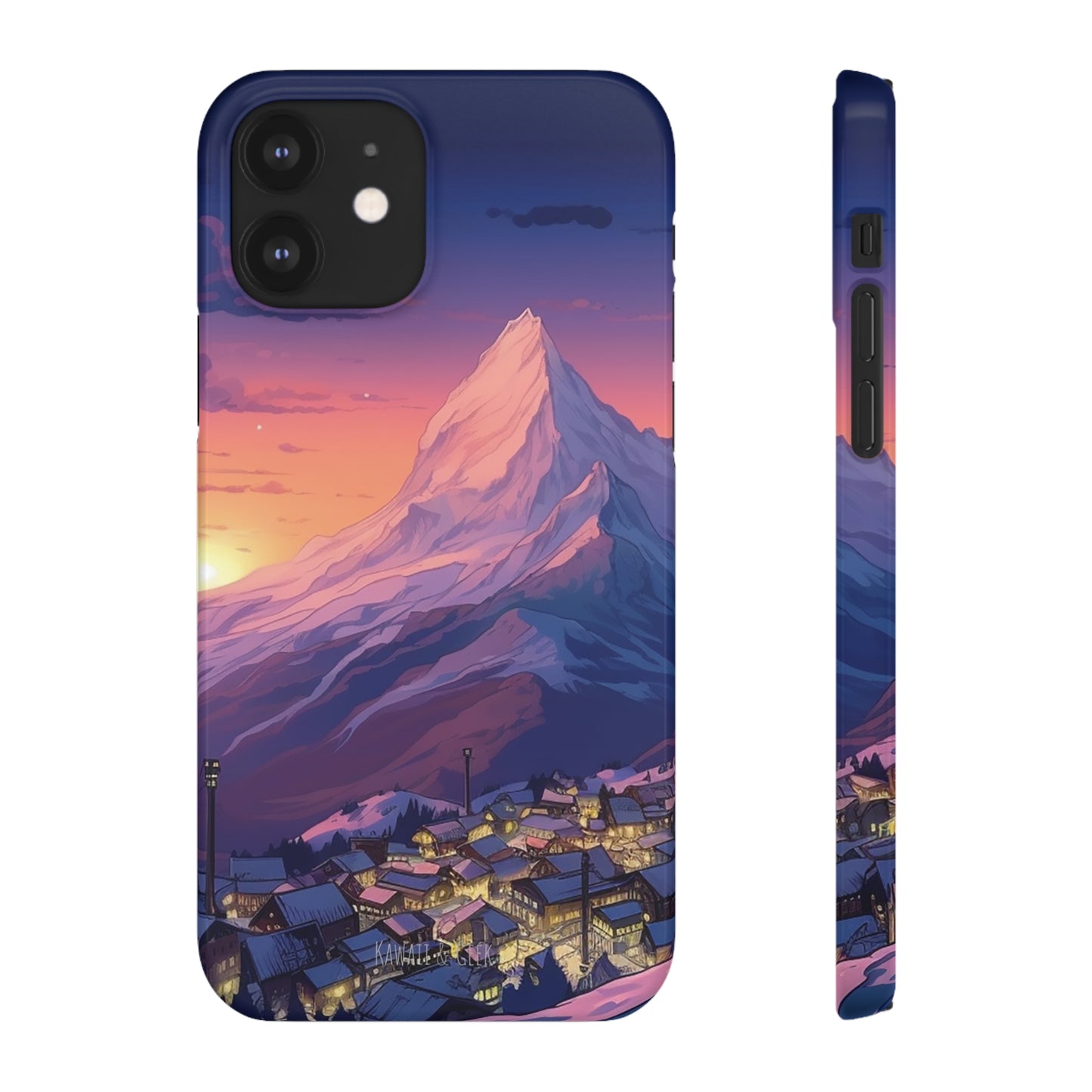 Snowy Mountain Landscape Sunset Phone Case - Discover Serenity with a Charming Mountain Village