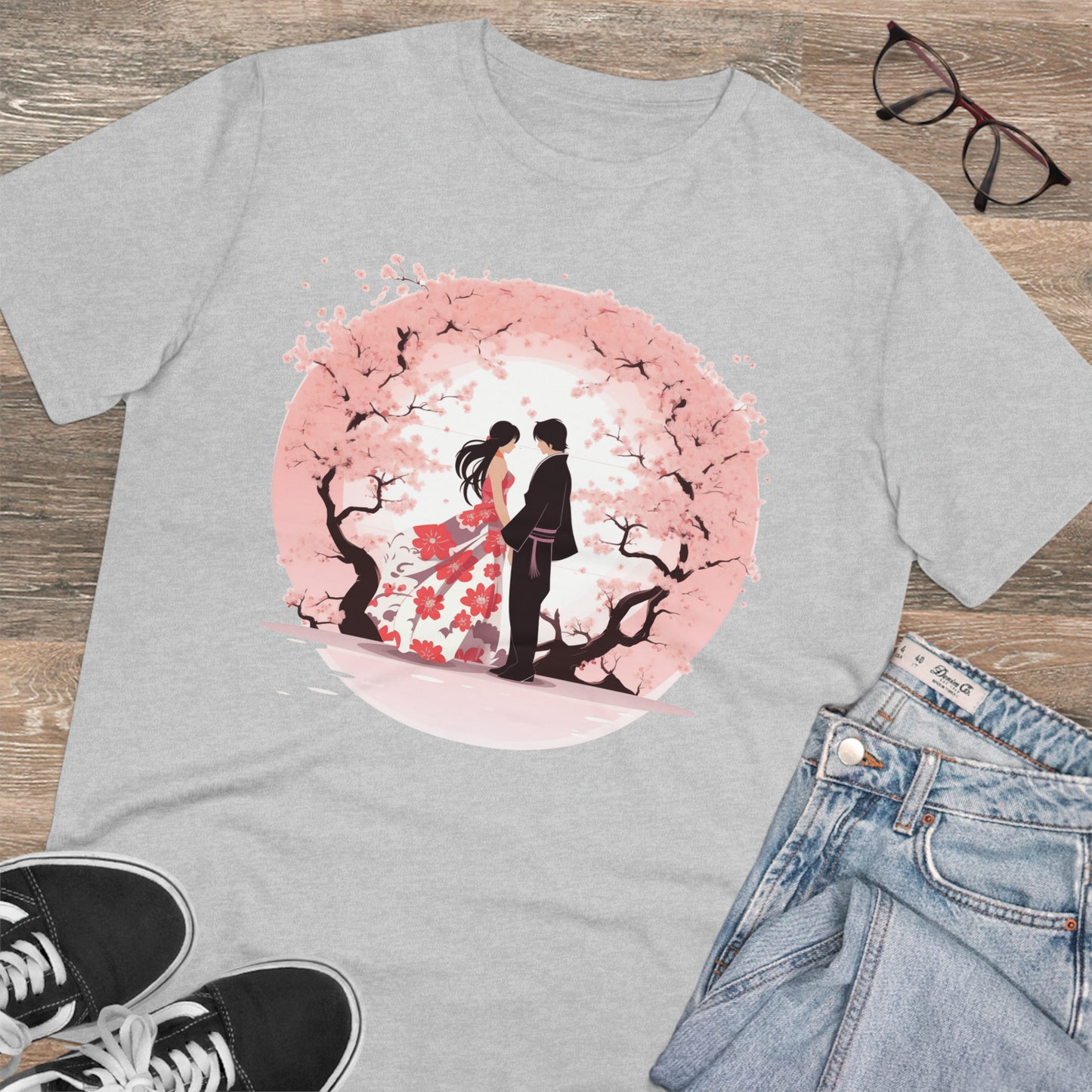 Cherry Blossom Romance T-shirt - Japanese Couple Design - Valentine's Day Special